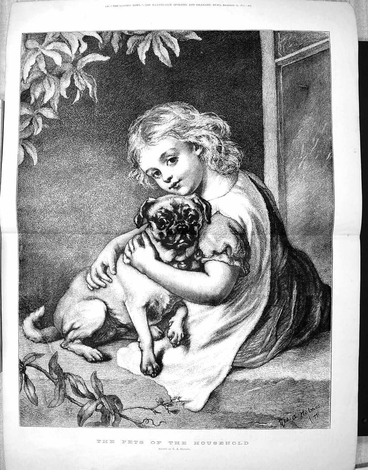 Old Antique Print 1877 Portrait Beautiful Girl Dog Pets The HousehHolmes 19th