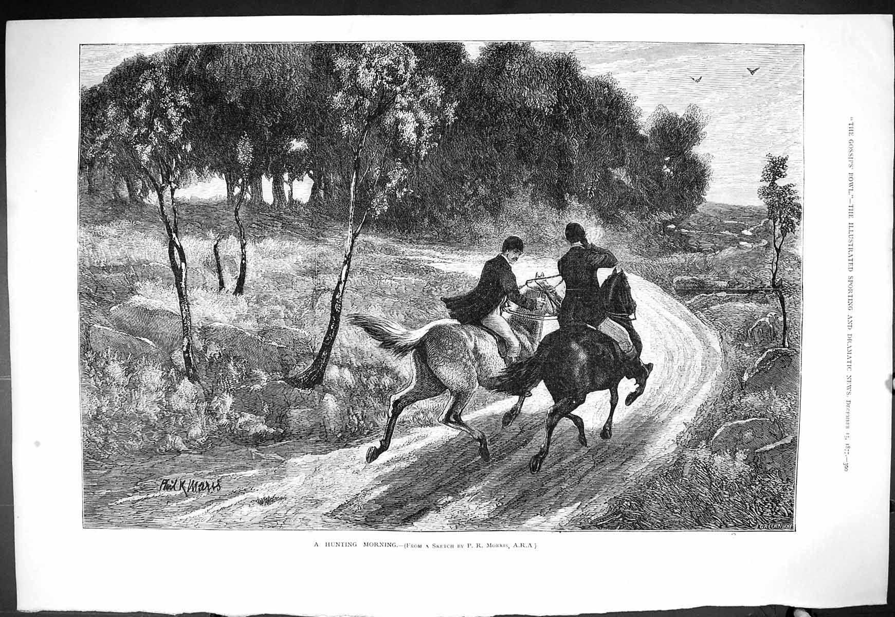 Original Old Antique Print 1877 Hunting Morning Horses Huntsmen Sport Morris