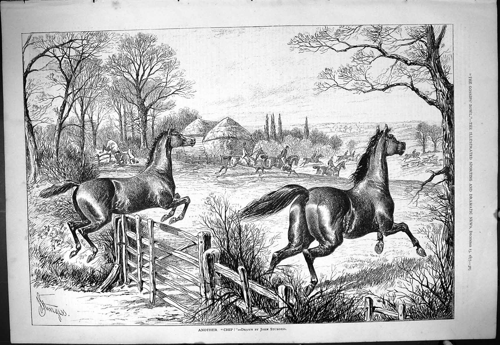 Antique Print 1877 Another Chip John Sturgess Hunting Horses Jumping Fence 19th