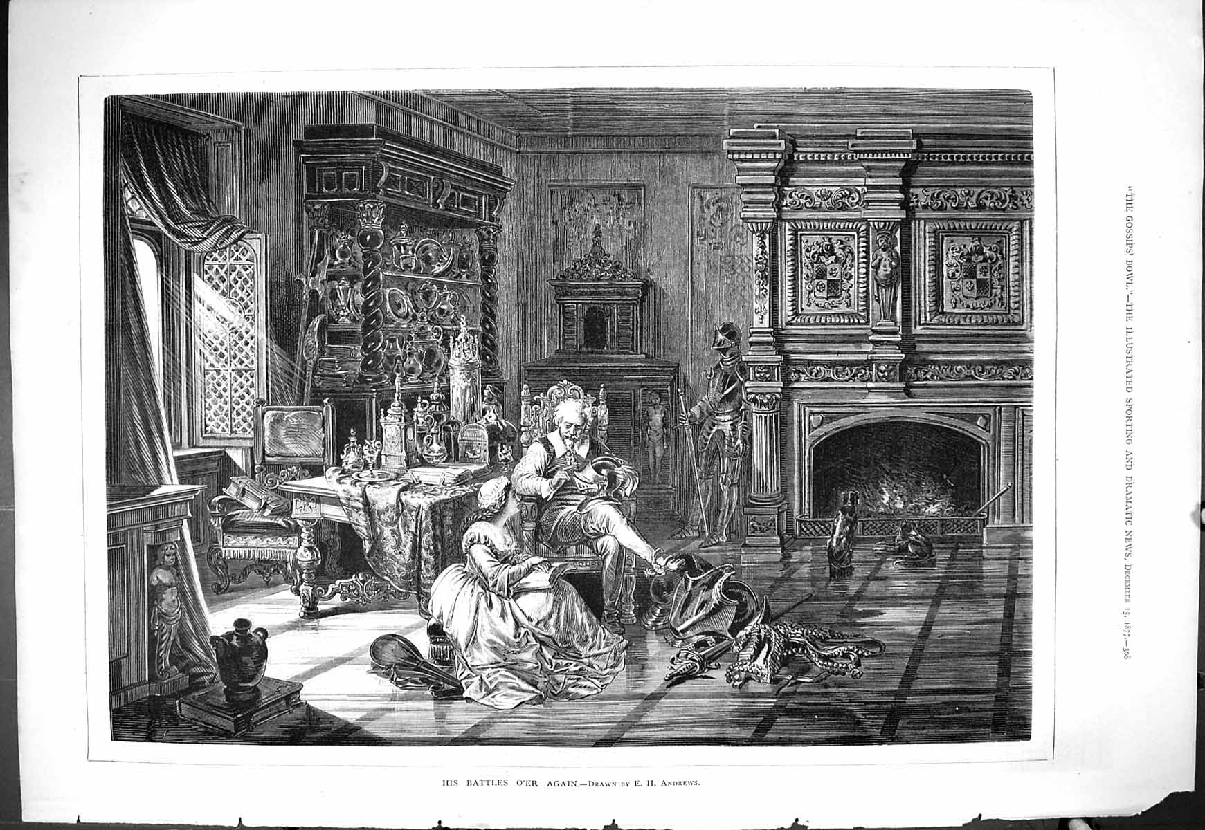 Old 1877 His Battles O'Er Again Man Knight Armour Sitting Chair Woman Victorian