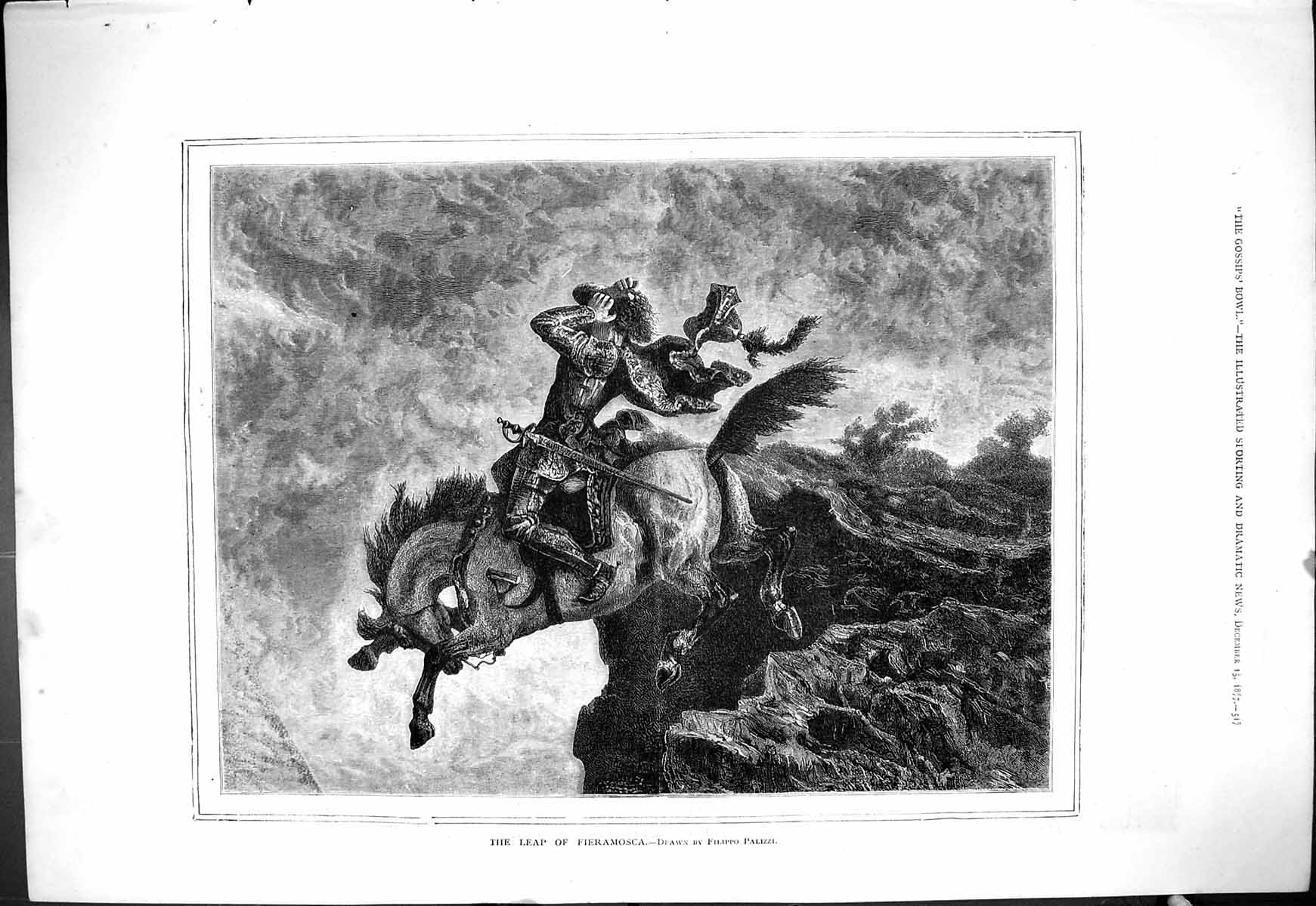 Original Old Antique Print 1877 Scene Leap Fieramosca Horse Knight Armour 19th