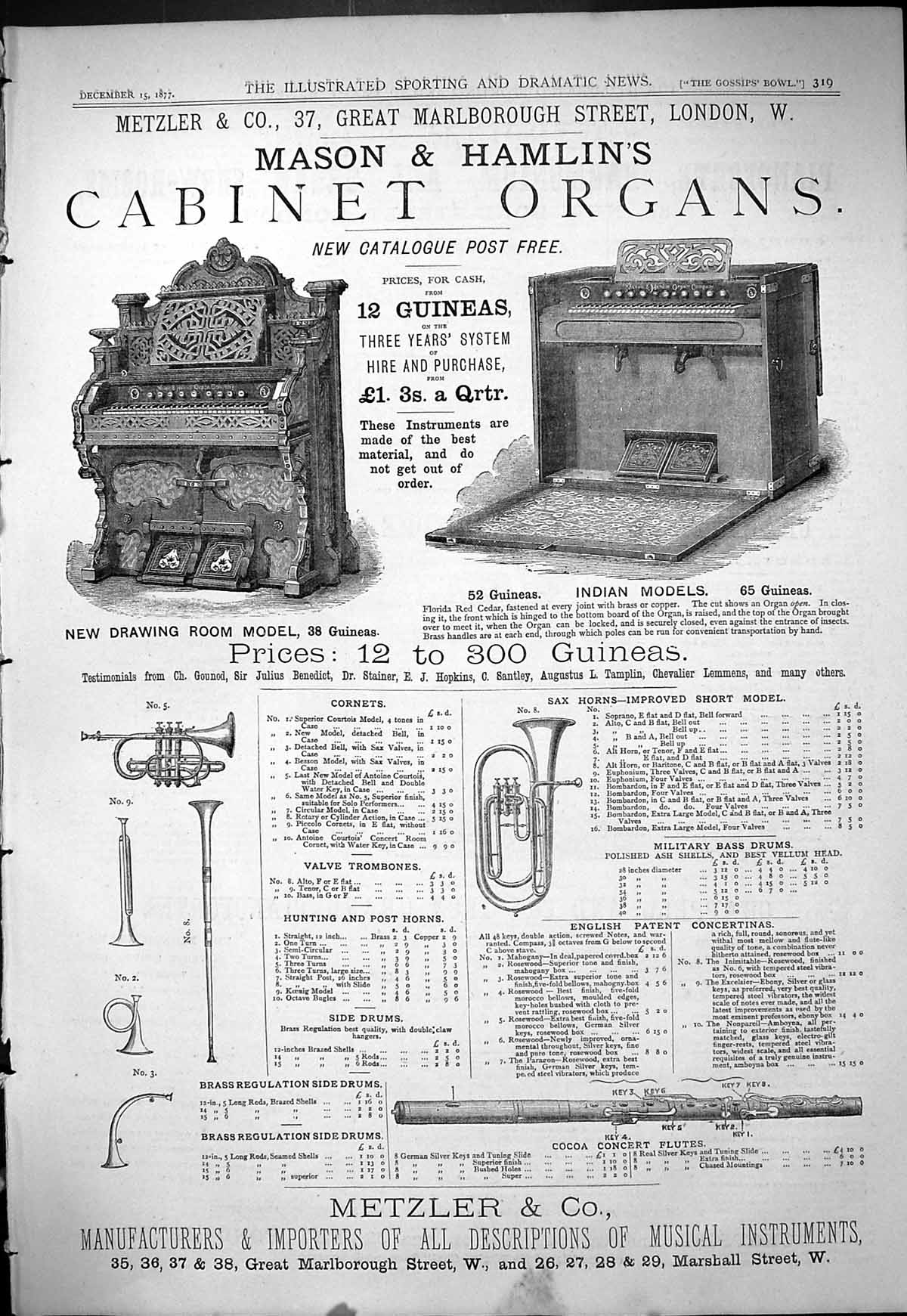 Old Antique Print Advertisement Metzler Mason Hamlin Cabinet Organs 1877 19th