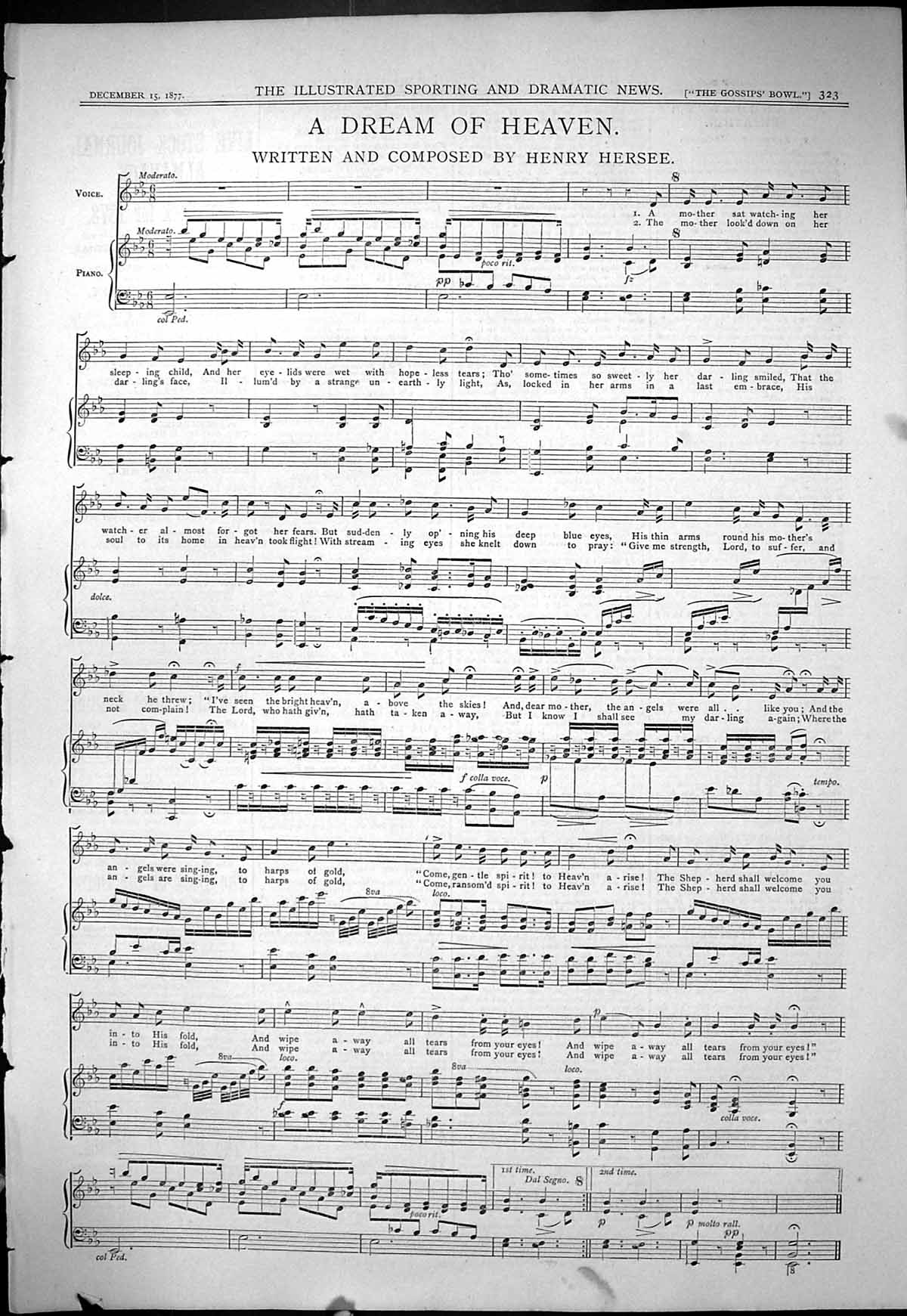 Original Old Antique Print 1877 Sheet Music Dream Heaven Henry Hersee Composer