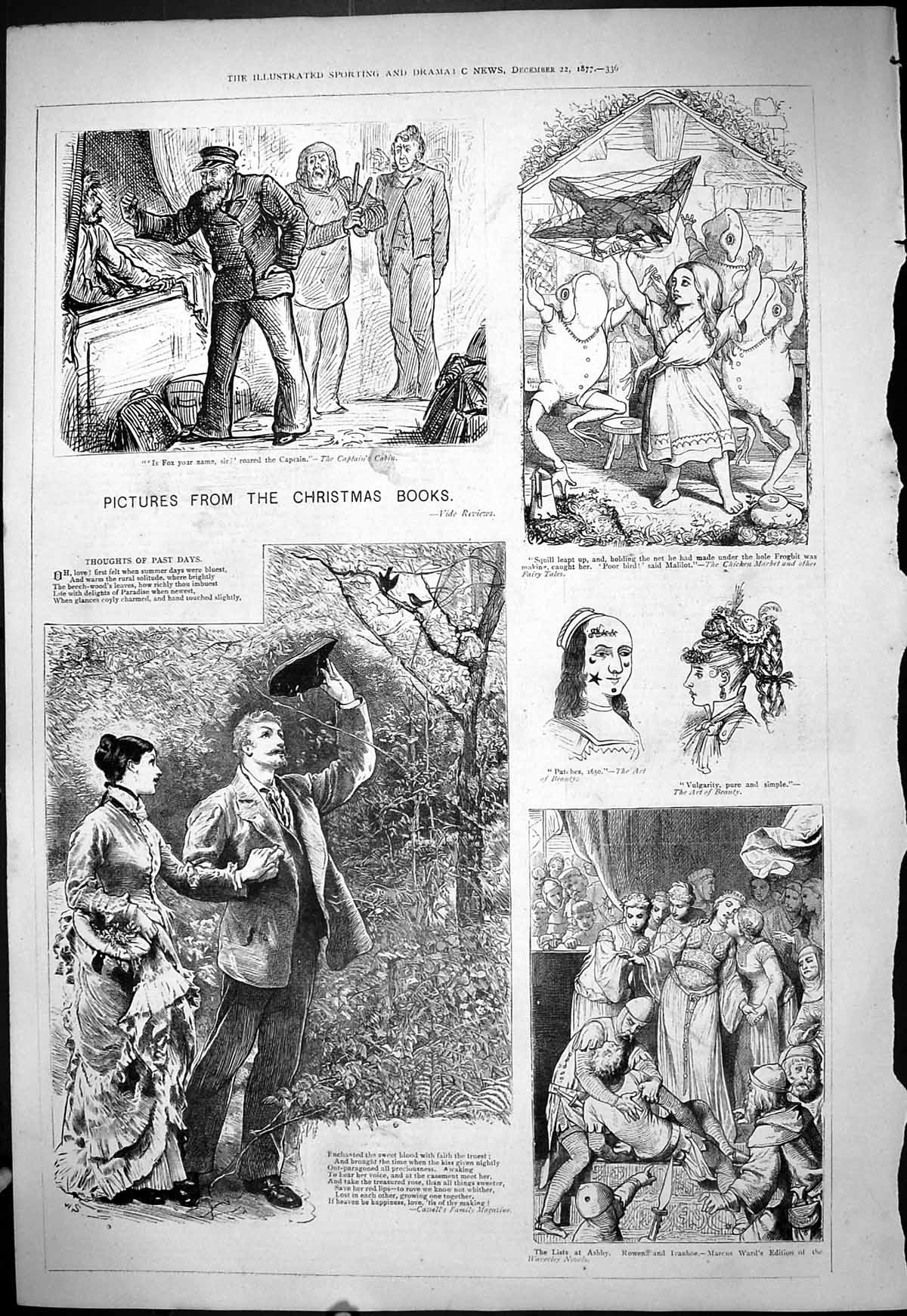 Original Old Antique Print 1877 Christmas Books Pictures Man Lady Romance 19th
