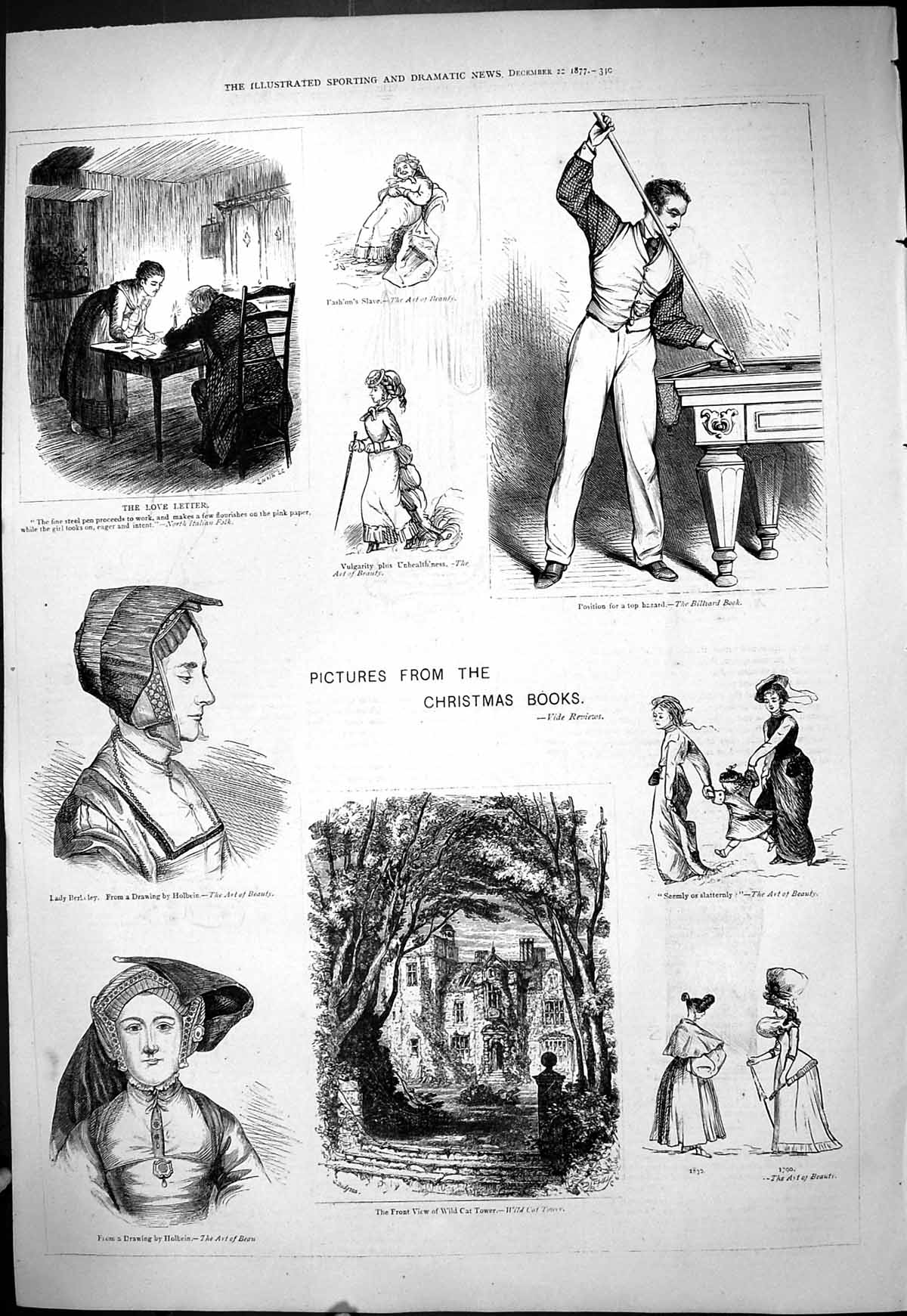 Antique Print 1877 Christmas Pictures Love Letters Billiards Berlsley Woman
