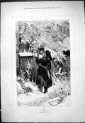 Antique Old Print 1877 Christmas Salute Man Lady Over Fence Kissing Romance