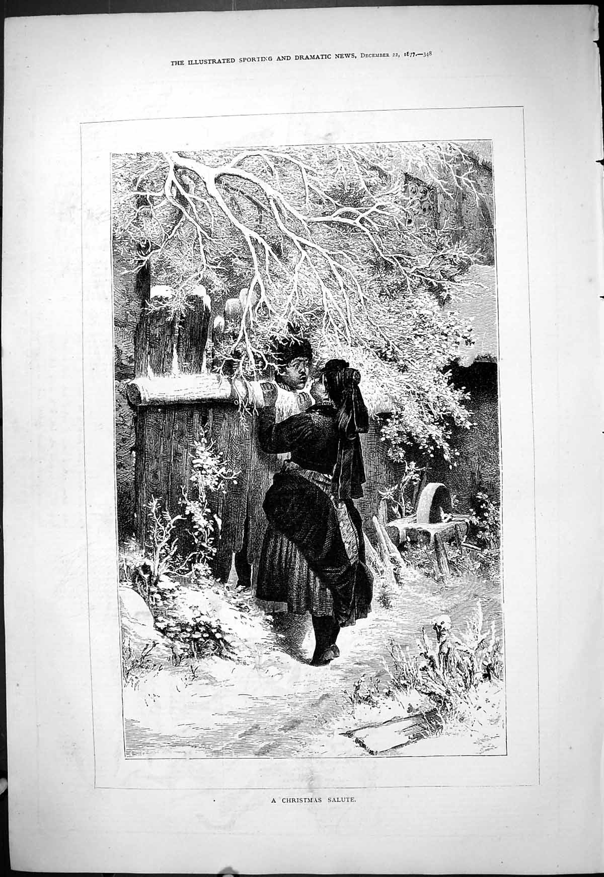 Antique Old Print 1877 Christmas Salute Man Lady Over Fence Kissing Romance