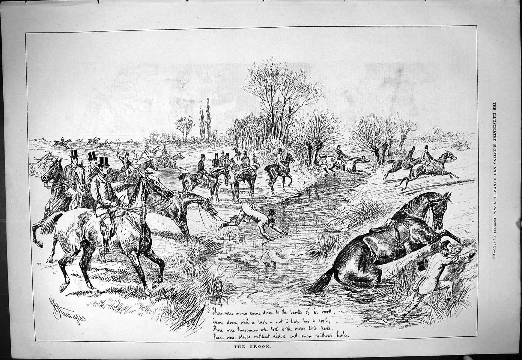 Original Old Antique Print 1877 Jumping Brook Horses Hunting Huntsmen Sport