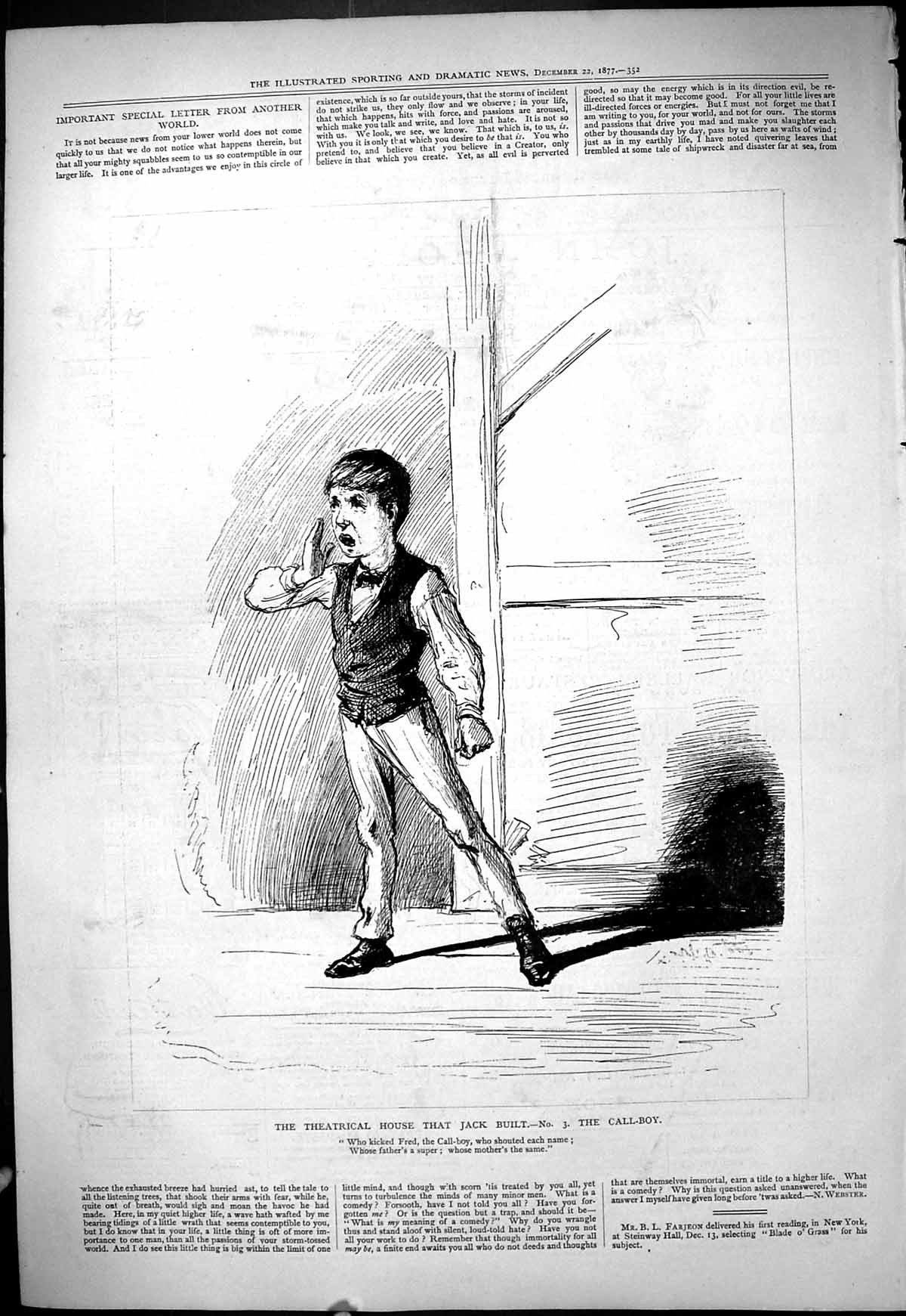 Original Old Antique Print 1877 Theatrical House Jack Built Call-Boy Theatre