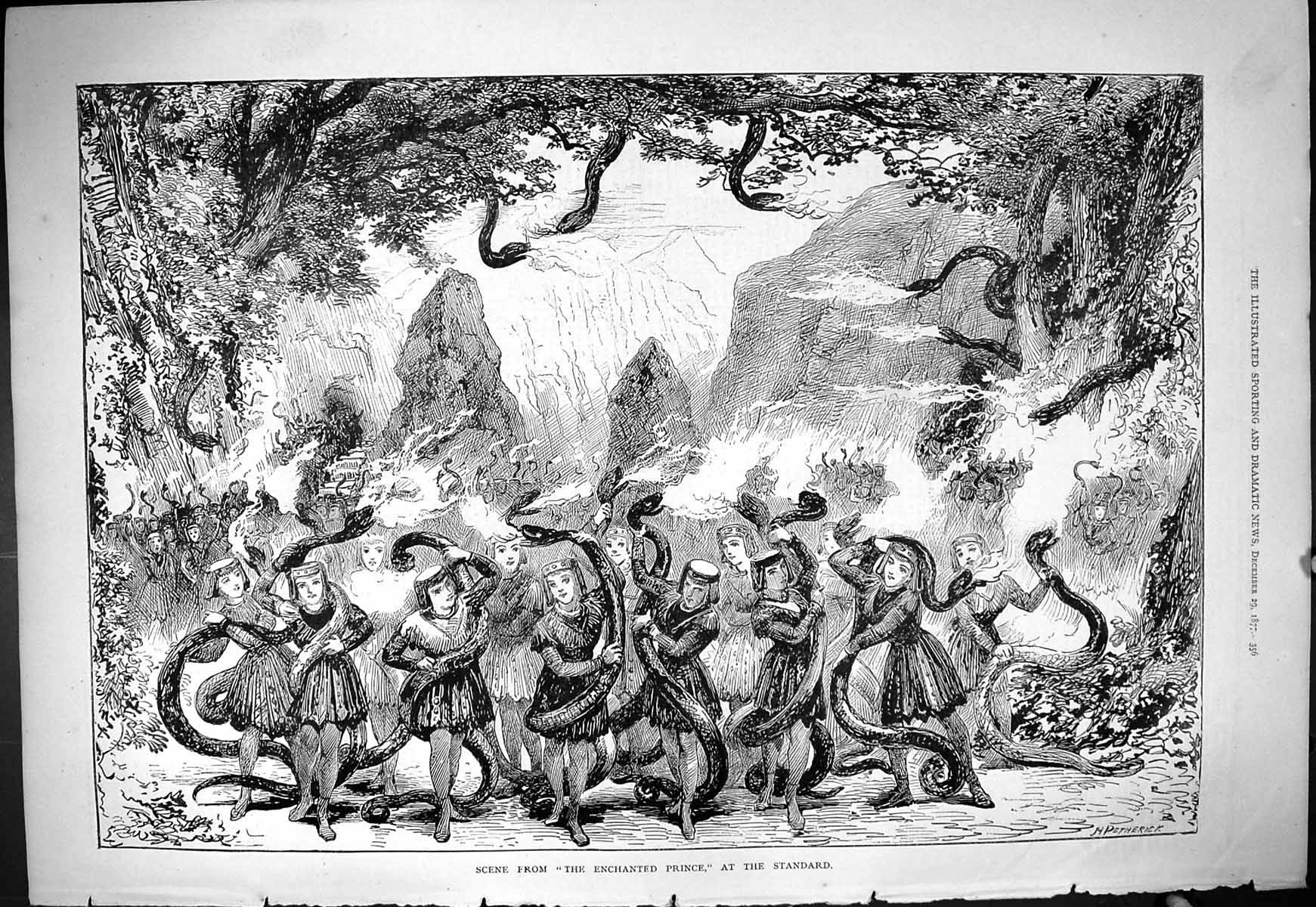 Original Old Antique Print 1877 Scene Enchanted Prince Standard Theatre Actors