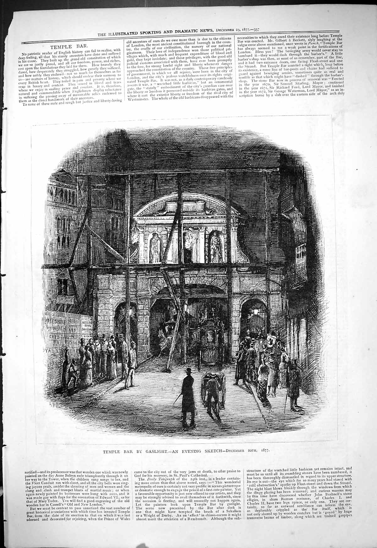 Original Old Antique Print 1877 Temple Bar Gaslight England Architecture 19th