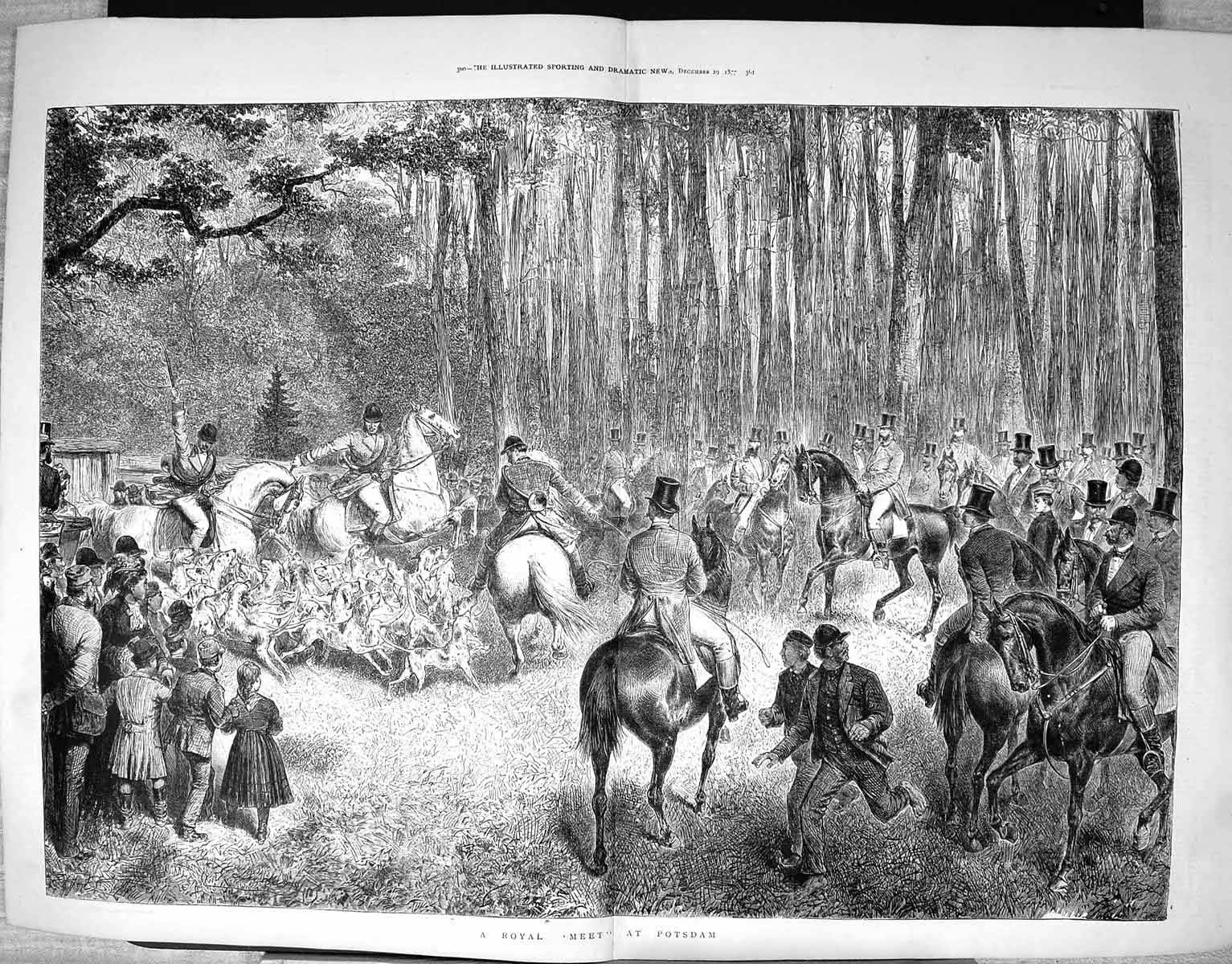 Antique Old Print 1877 Royal Meet Potsdam Hunting Horses Hounds Dogs Sport