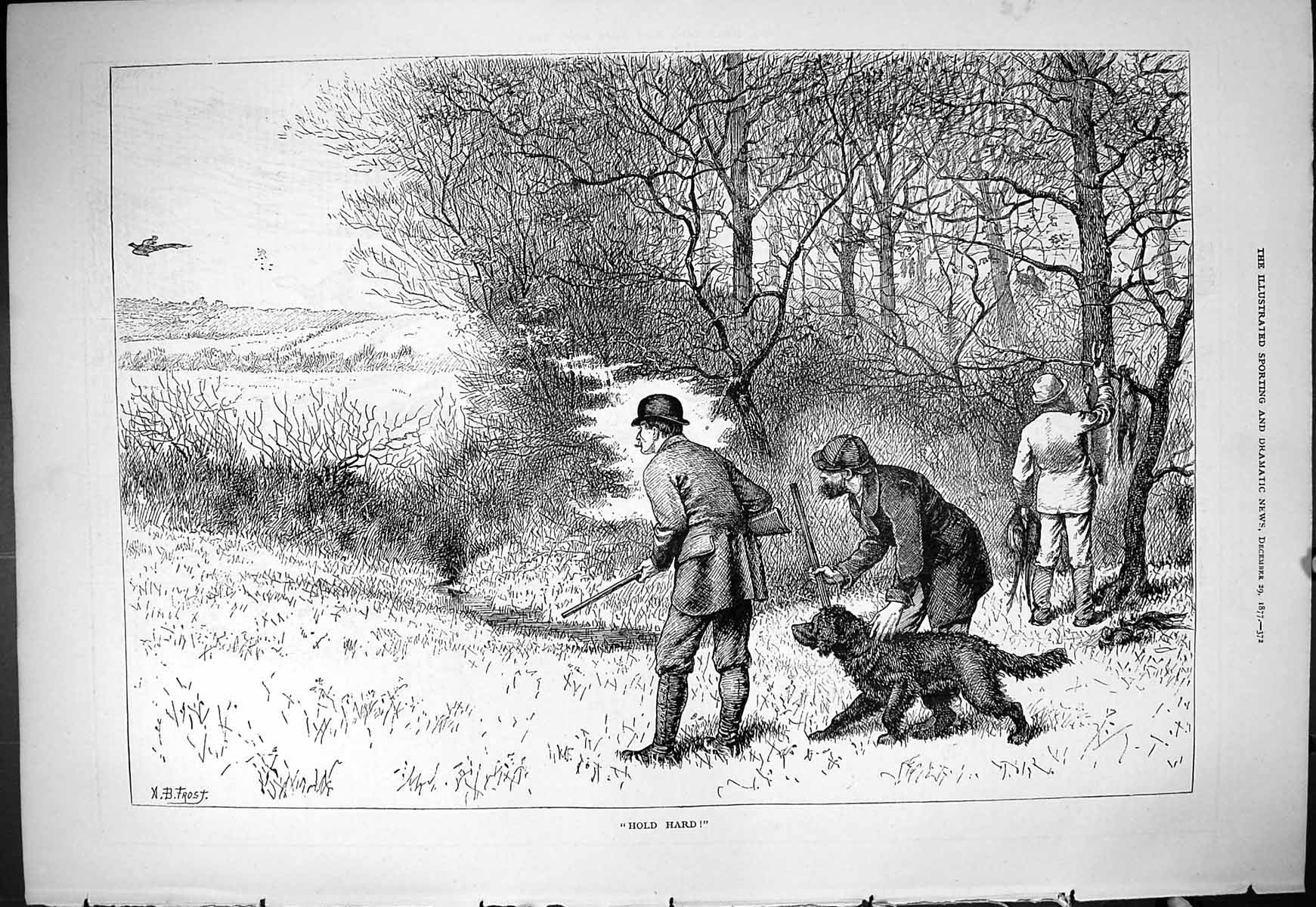 Original Old Antique Print 1877 HHard Hunting Men Shooting Birds Gun Dogs Sport