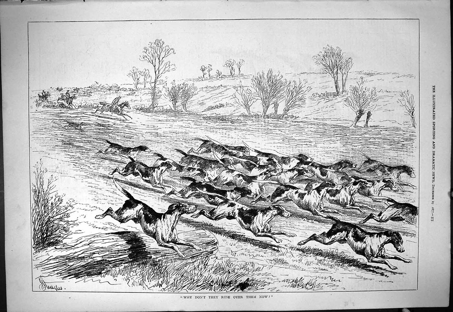 Antique Old Print 1877 Hunting Horses Hounds Dogs Running Through Field Sport