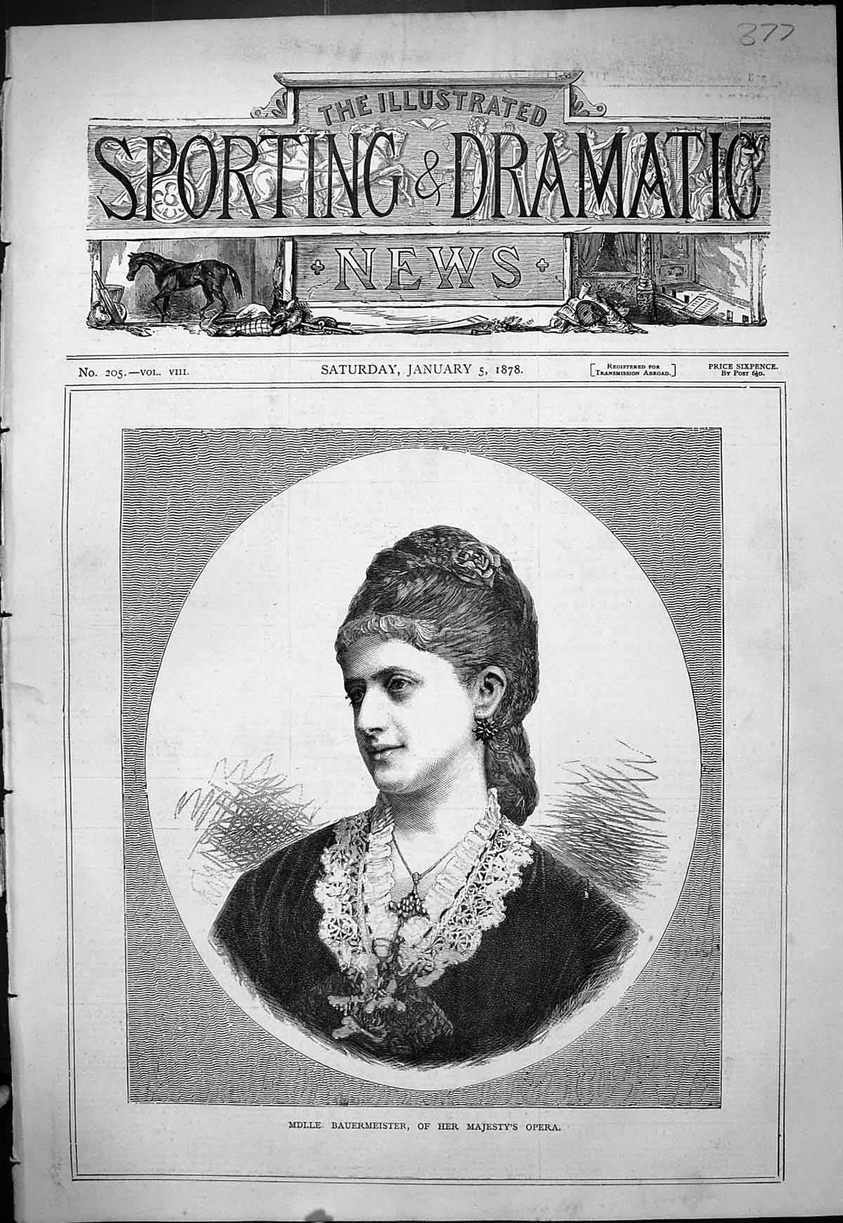 Antique Old Print 1878 Portrait Mdlle. Bauremeister Majesty'S Opera Theatre