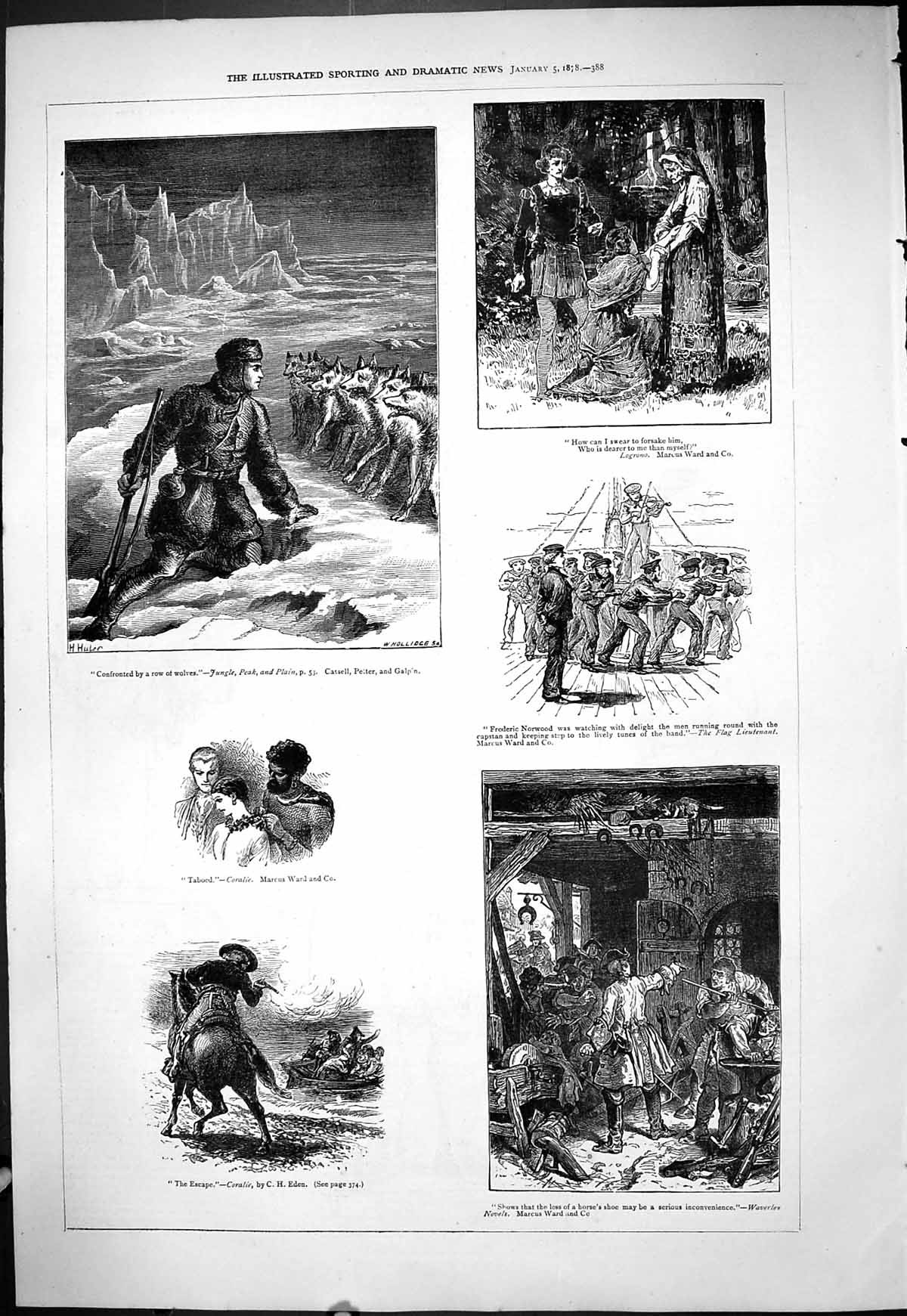 Old Antique Print 1878 Hunting Man Icebergs Wolves Sailors Ship Norwood 19th