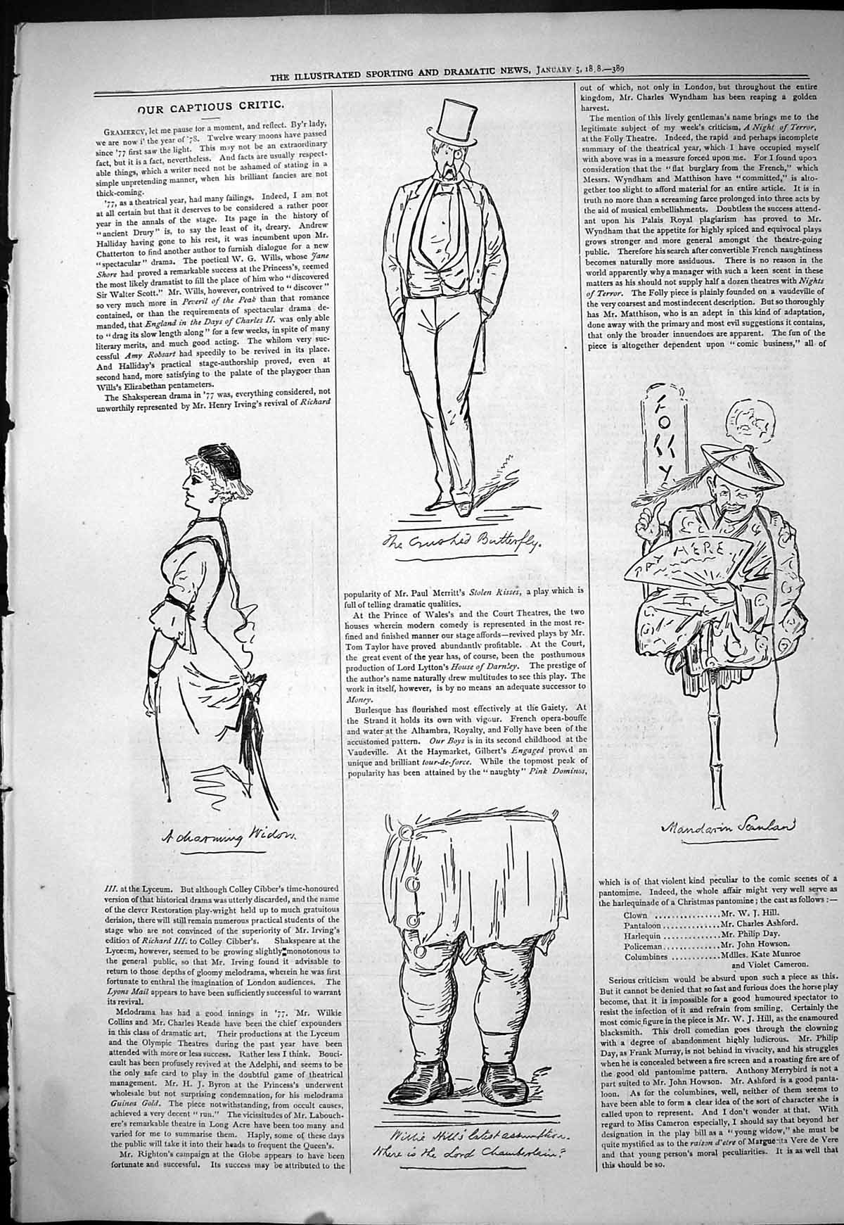 Old Antique Print 1878 Theatre Captious Critic Butterfly Charming Widow 19th