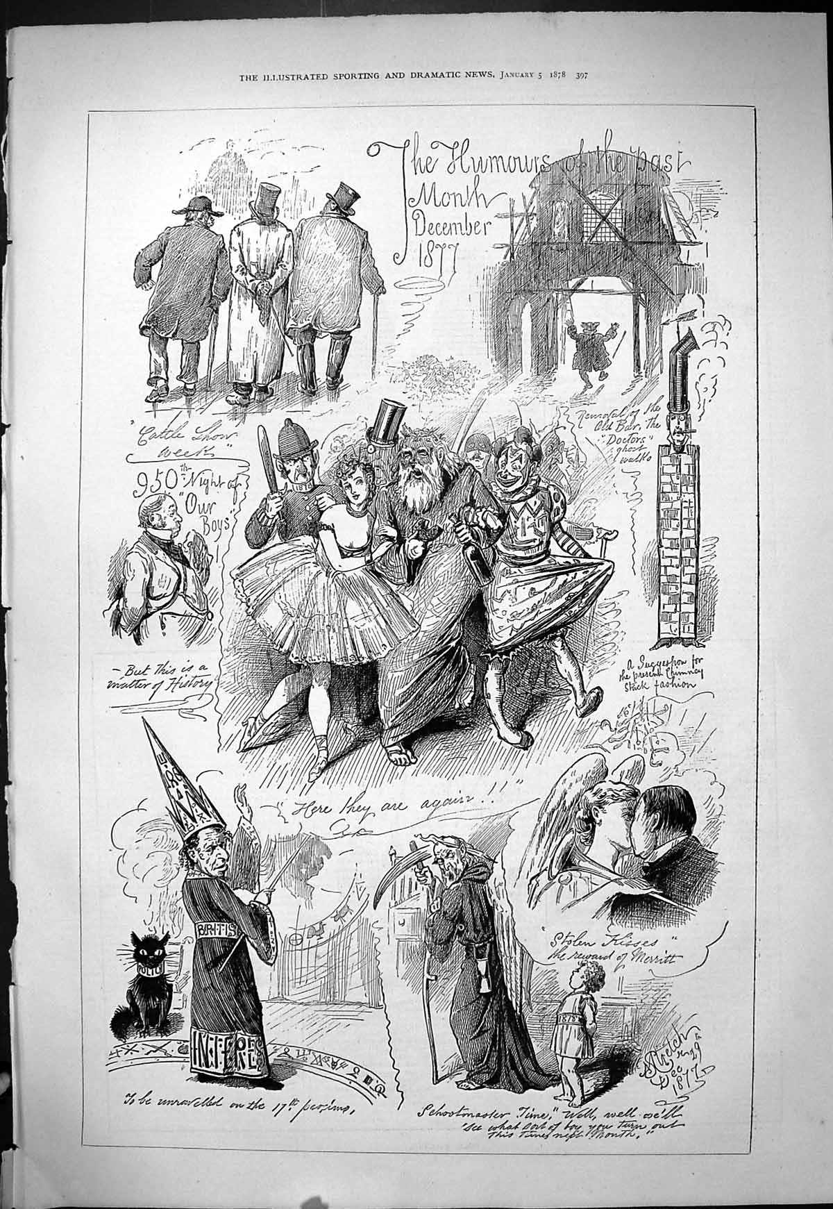 Original Old Antique Print 1878 Humours December Theatre Romance Schoolmaster