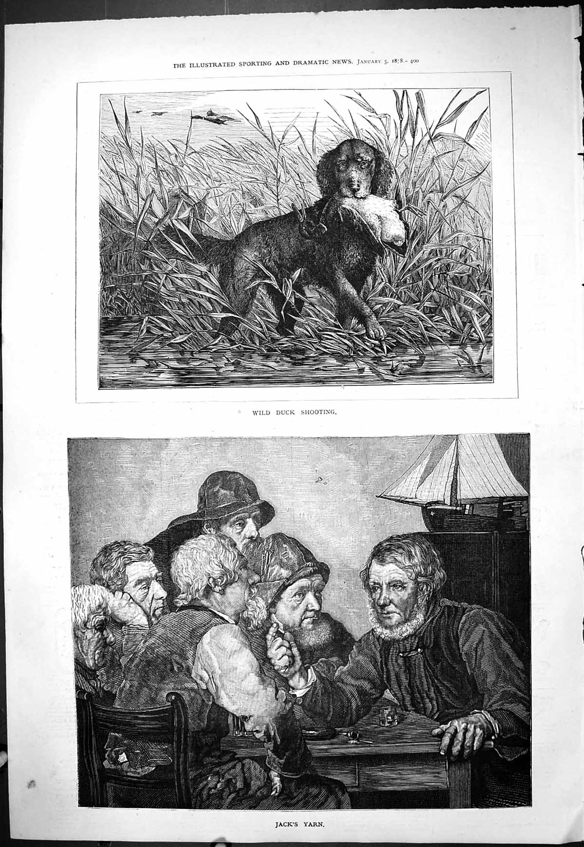 Antique Old Print 1878 Wild Duck Shooting Hunting Dog Jack'S Yarn Fishermen