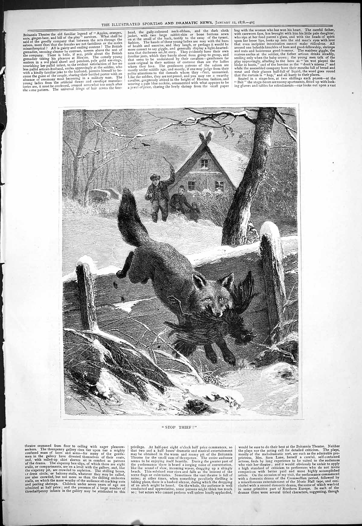 Original Old Antique Print Stop Thief Farmyard Scene Fox Stealing Chicken 1878