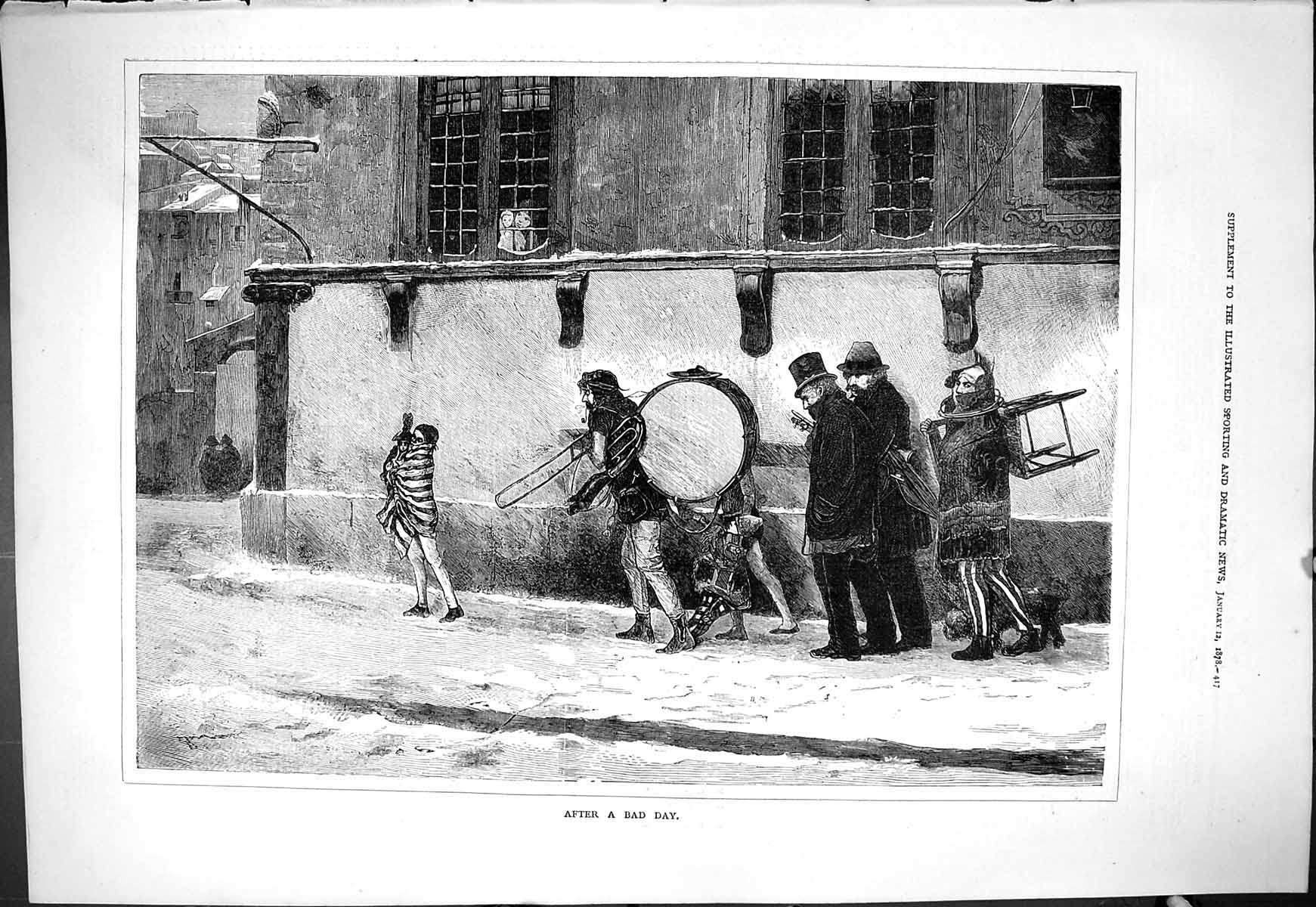Old Antique Print Music Band Walking Home After Bad Day Entertainers 1878 19th