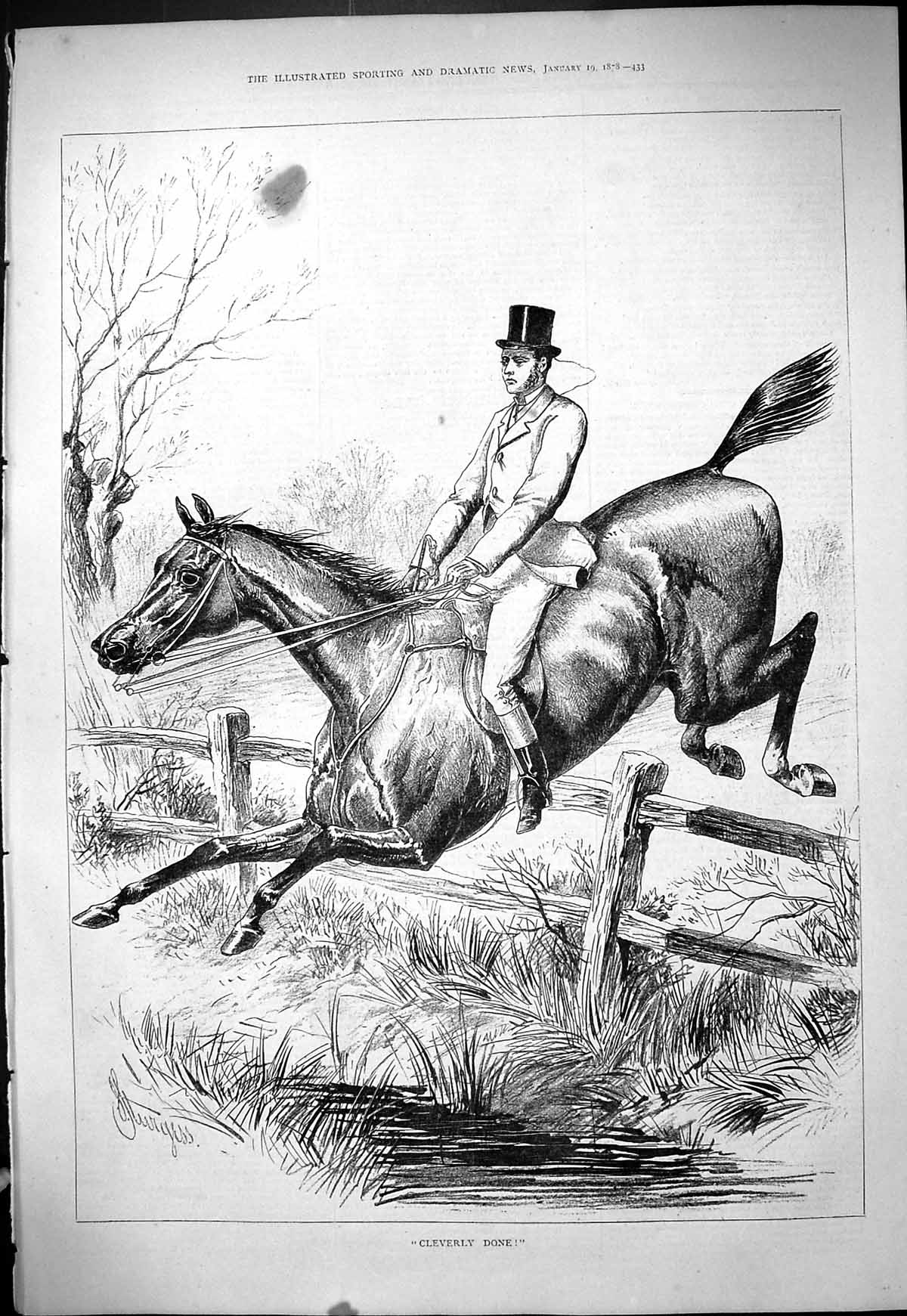 Original Old Antique Print 1878 Huntsman Horse Jumpjng Fence Sport Hunting 19th