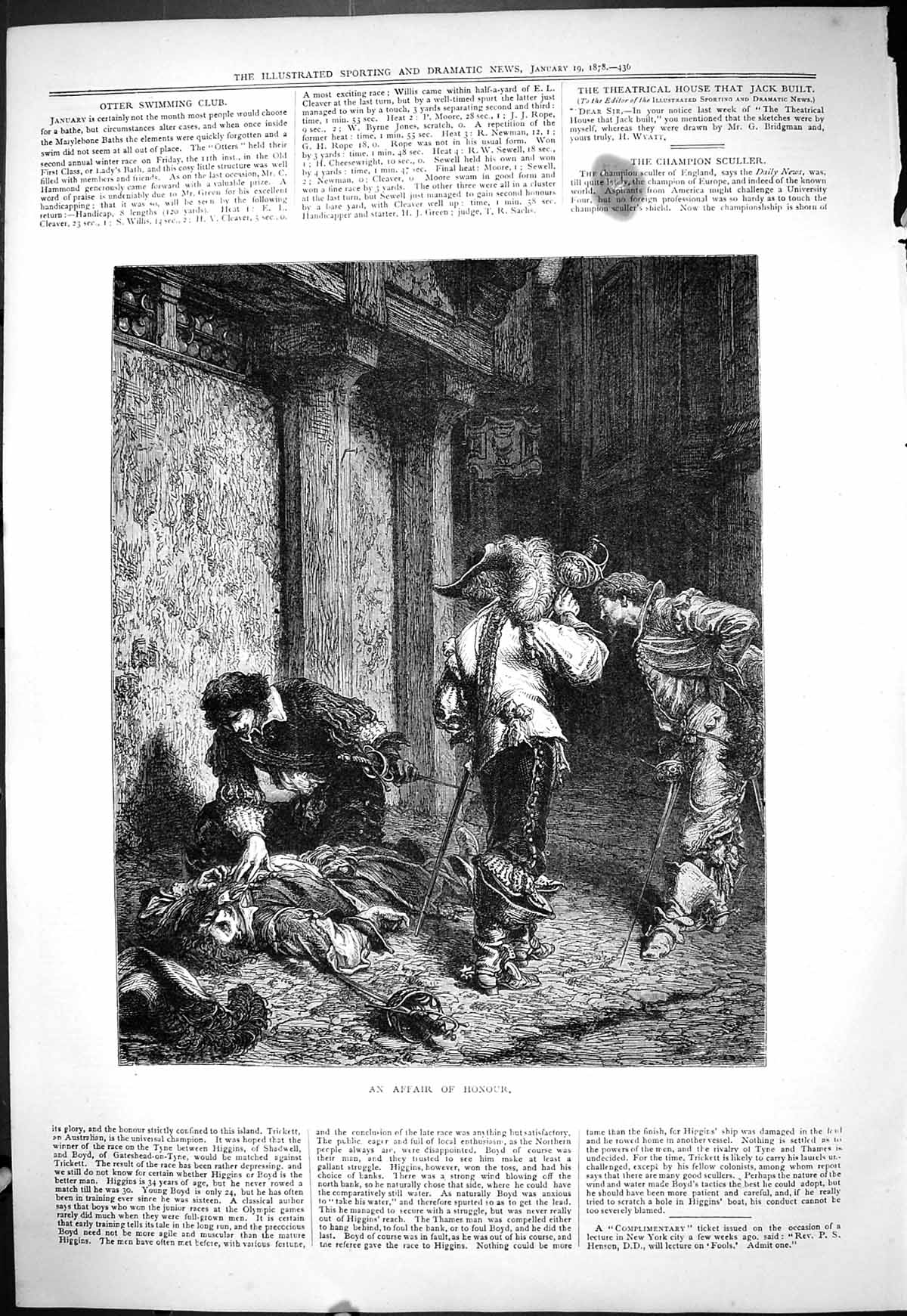 Original Old Antique Print 1878 Affair Honour Men Duel Swords 19th