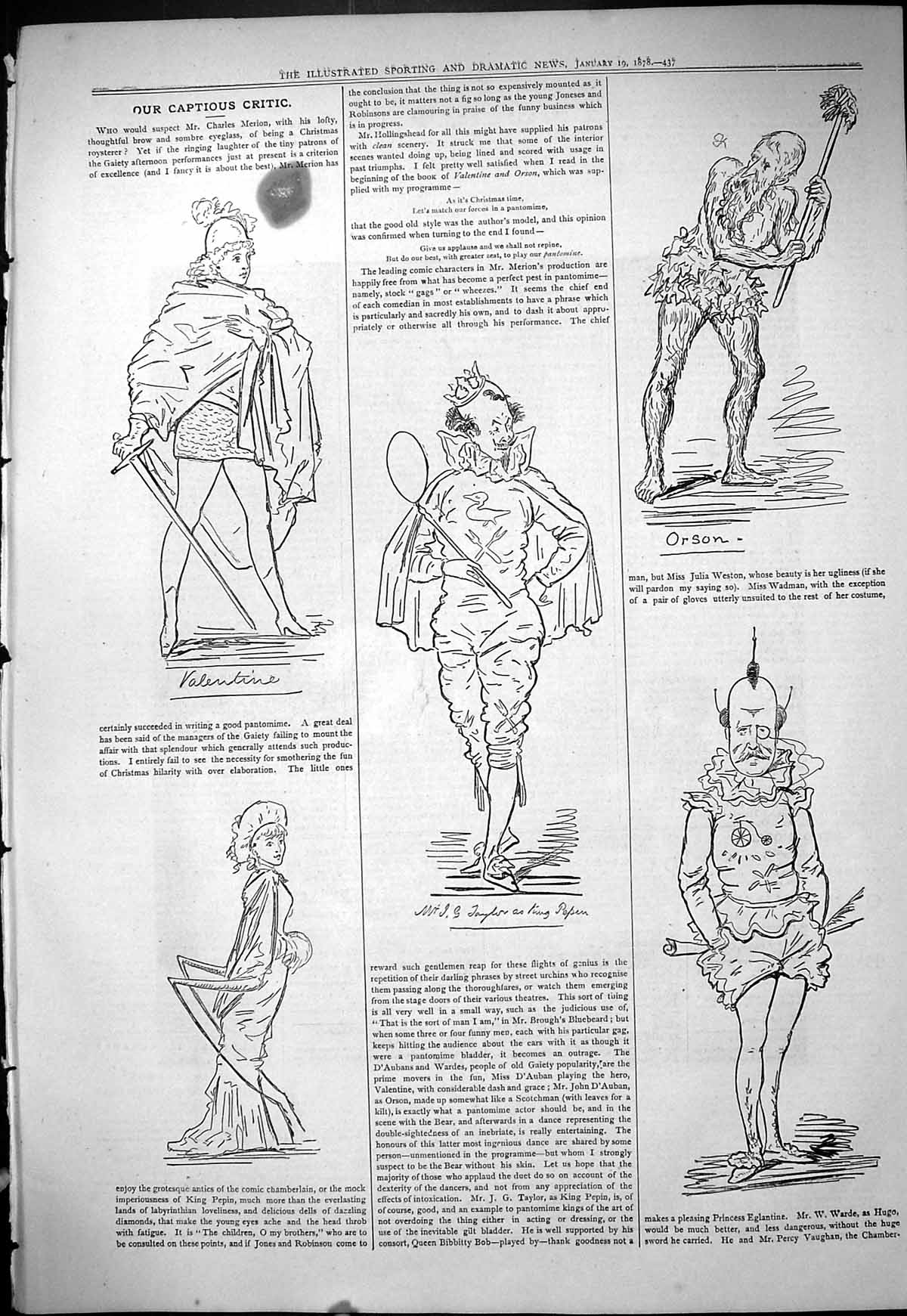 Original Old Antique Print 1878 Theatre Captious Critic Orson Taylor Valentine