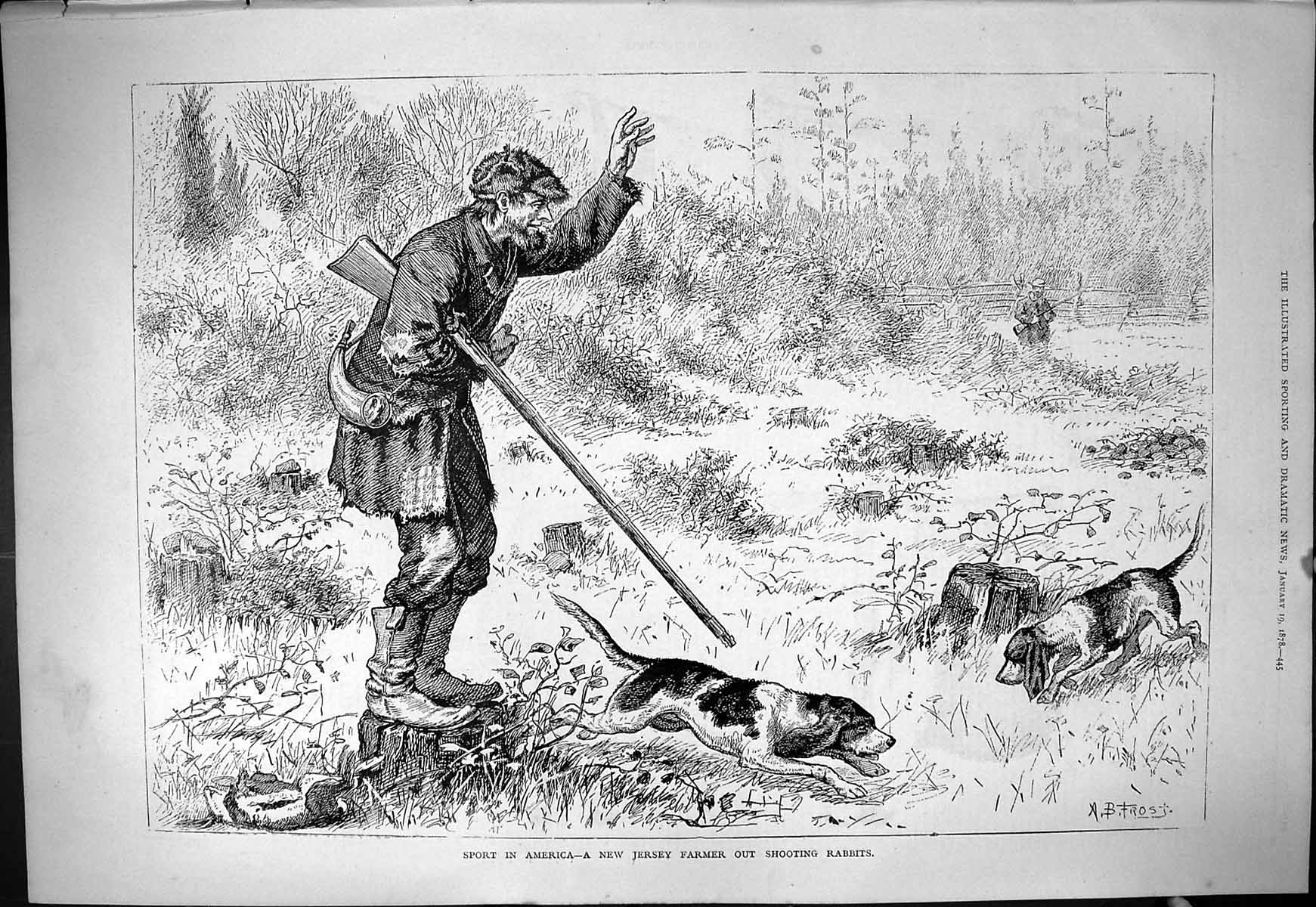 Antique Print Sport America New Jersey Farmer Shooting Rabbits Hunting 1878