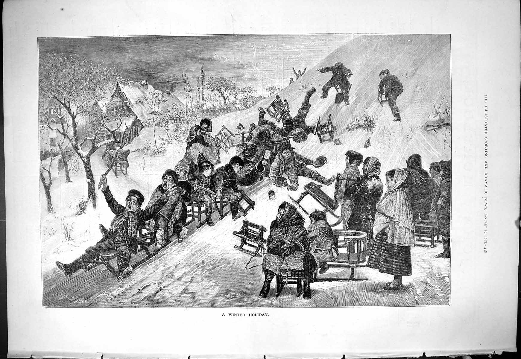 Original Old Antique Print 1878 Winter Holiday Snow Amusements Children Sledges