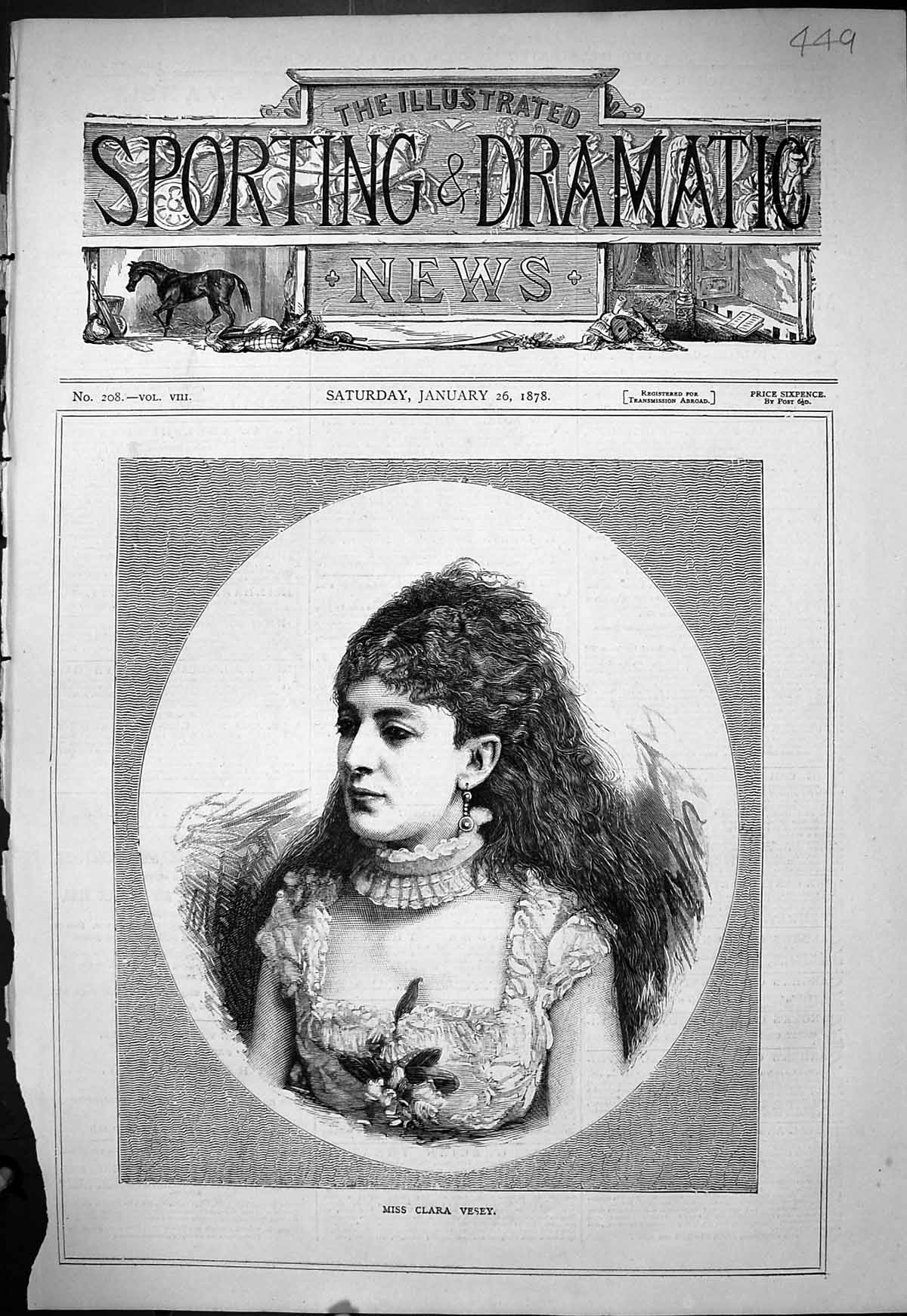 Original Old Antique Print 1878 Portrait Miss Clara Vesey Beautiful Woman 19th
