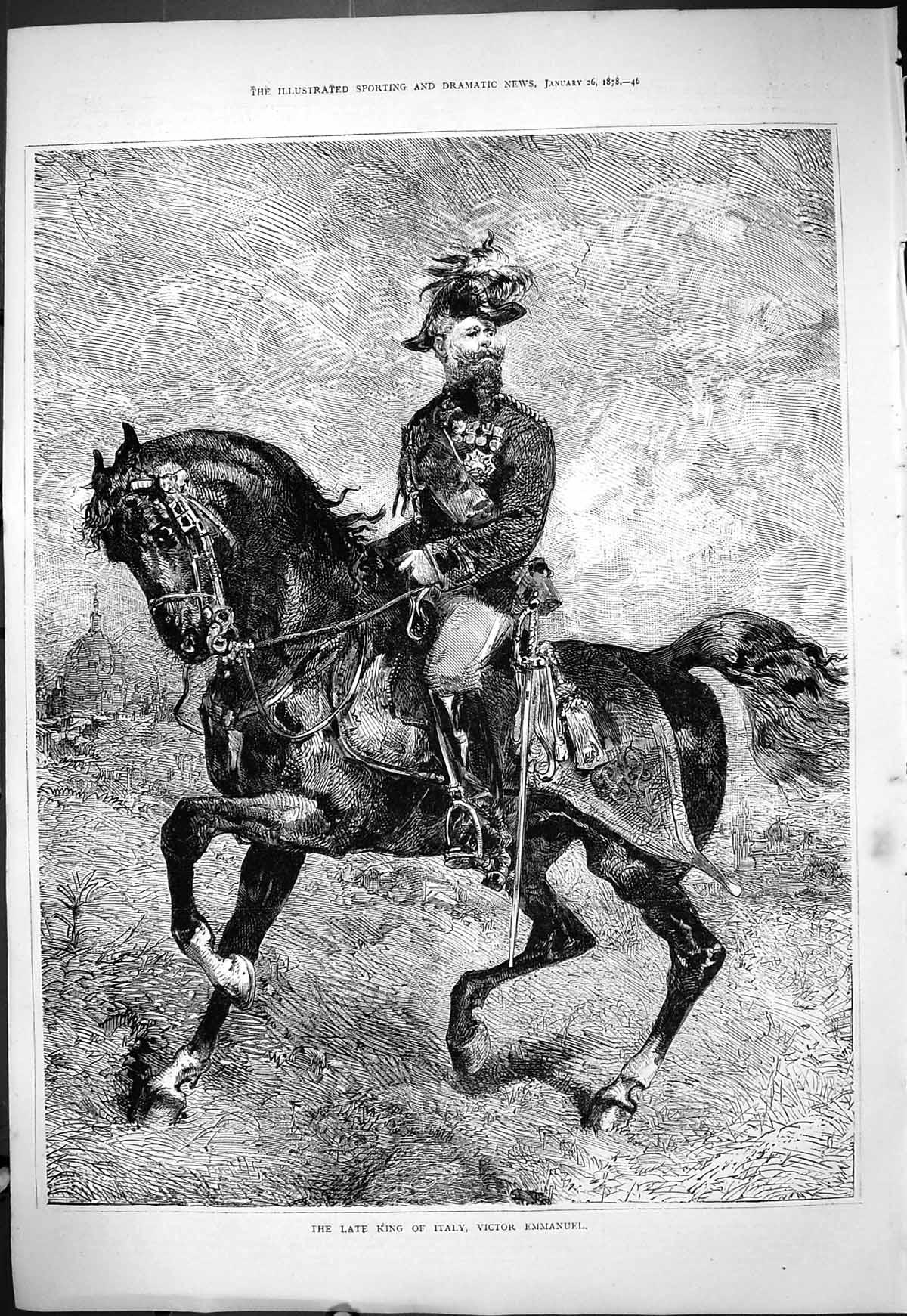 Antique Old Print 1878 Portrait Horse King Italy Victor Emmanuel War Uniform