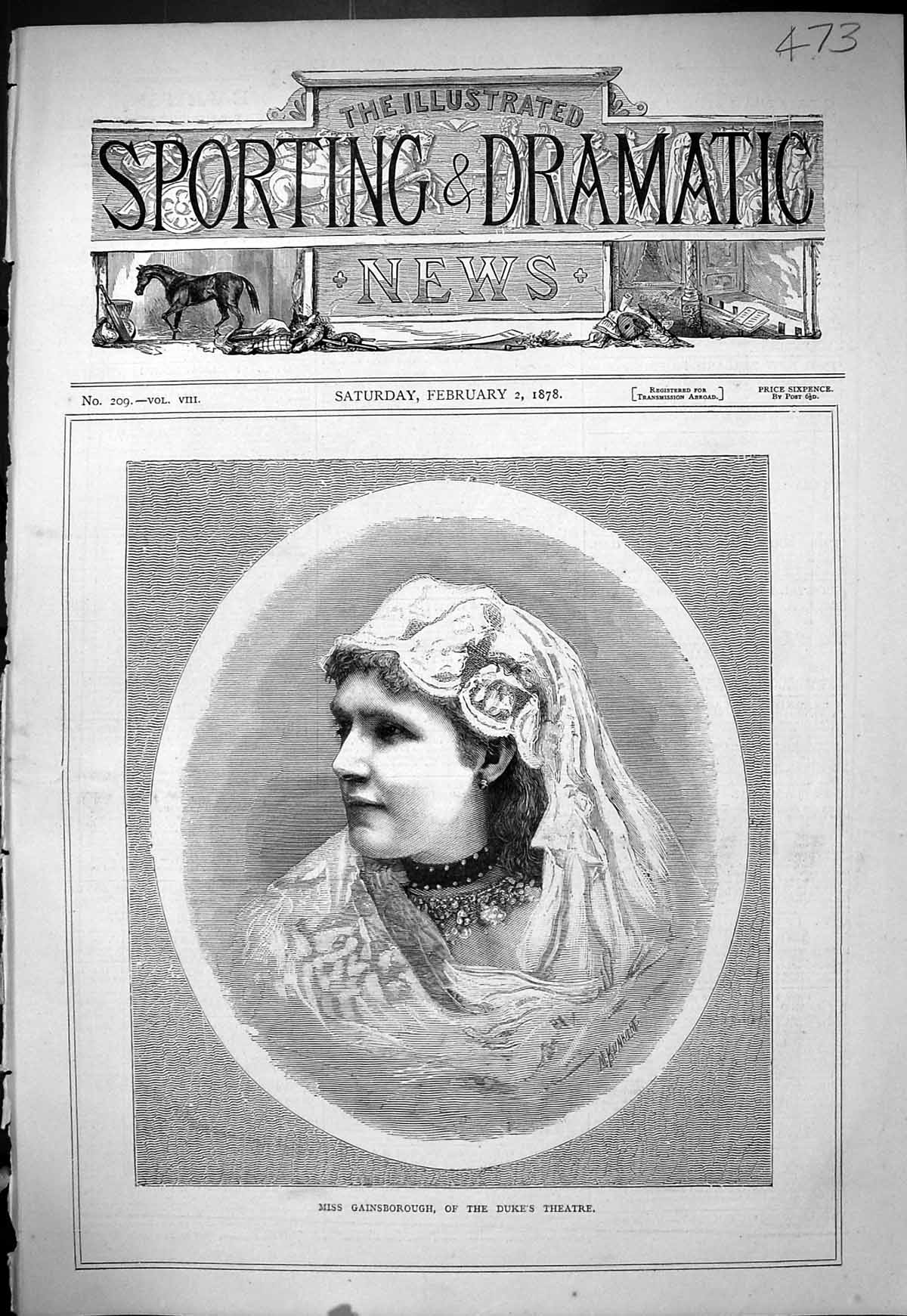 Old Print 1878 Portrait Beautiful Woman Miss Gainsborough Duke'S Theatre 19th