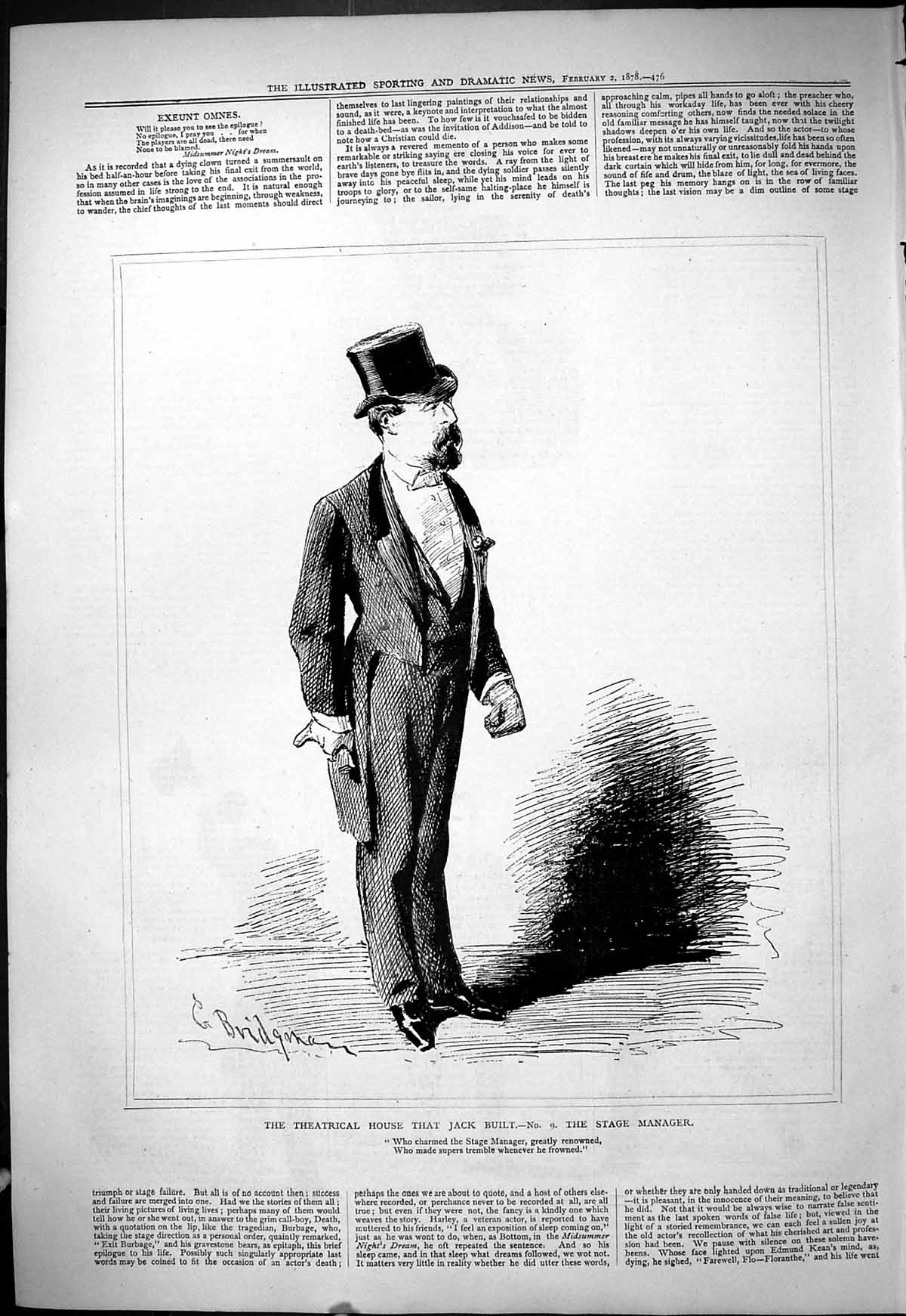 Old Antique Print 1878 Portrait Stage Manager Theatrical House Jack Built 19th