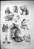 Antique Old Print 1878 Humours Meejor Home Knight Toole Globe Theatre Dominos