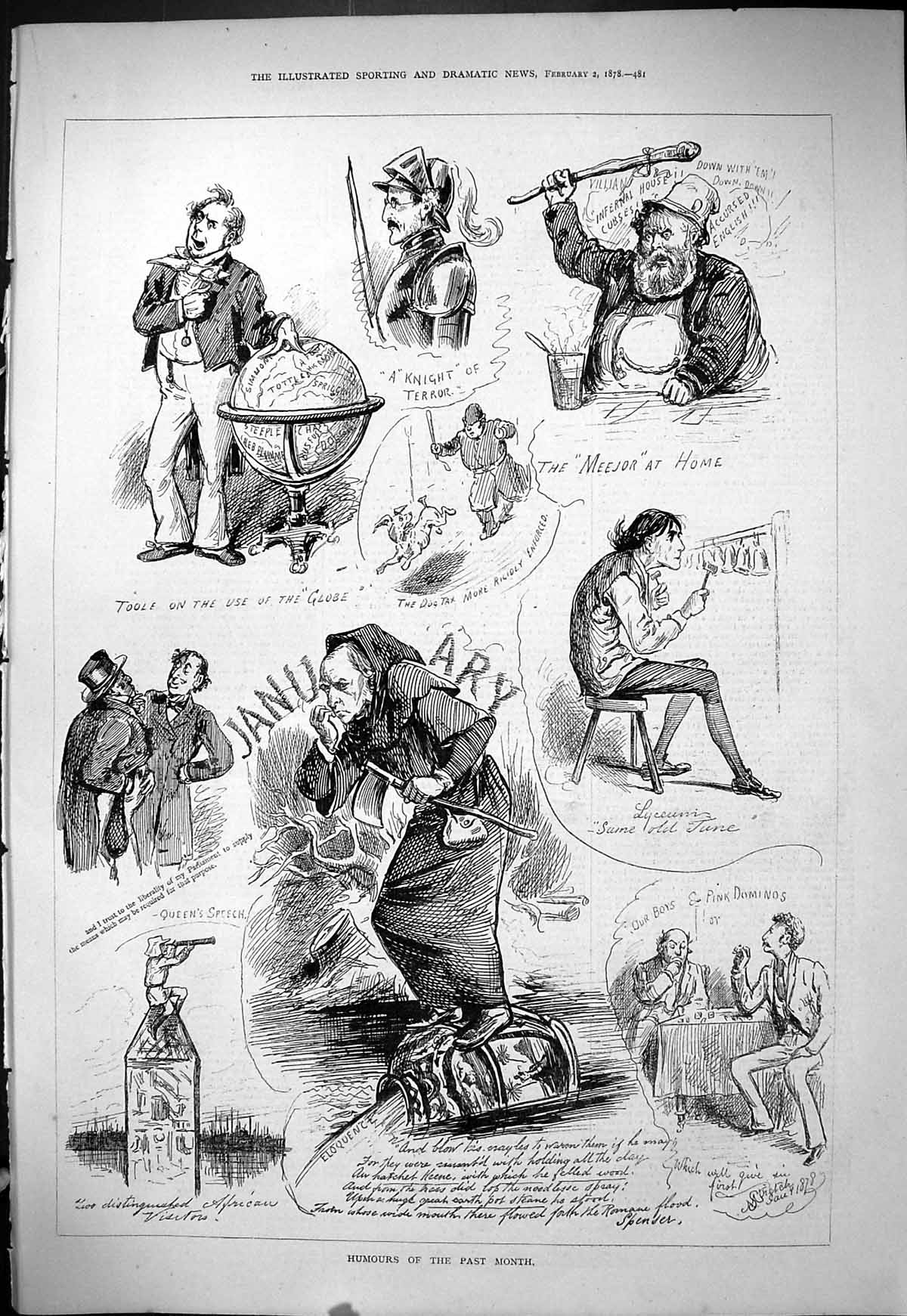 Antique Old Print 1878 Humours Meejor Home Knight Toole Globe Theatre Dominos