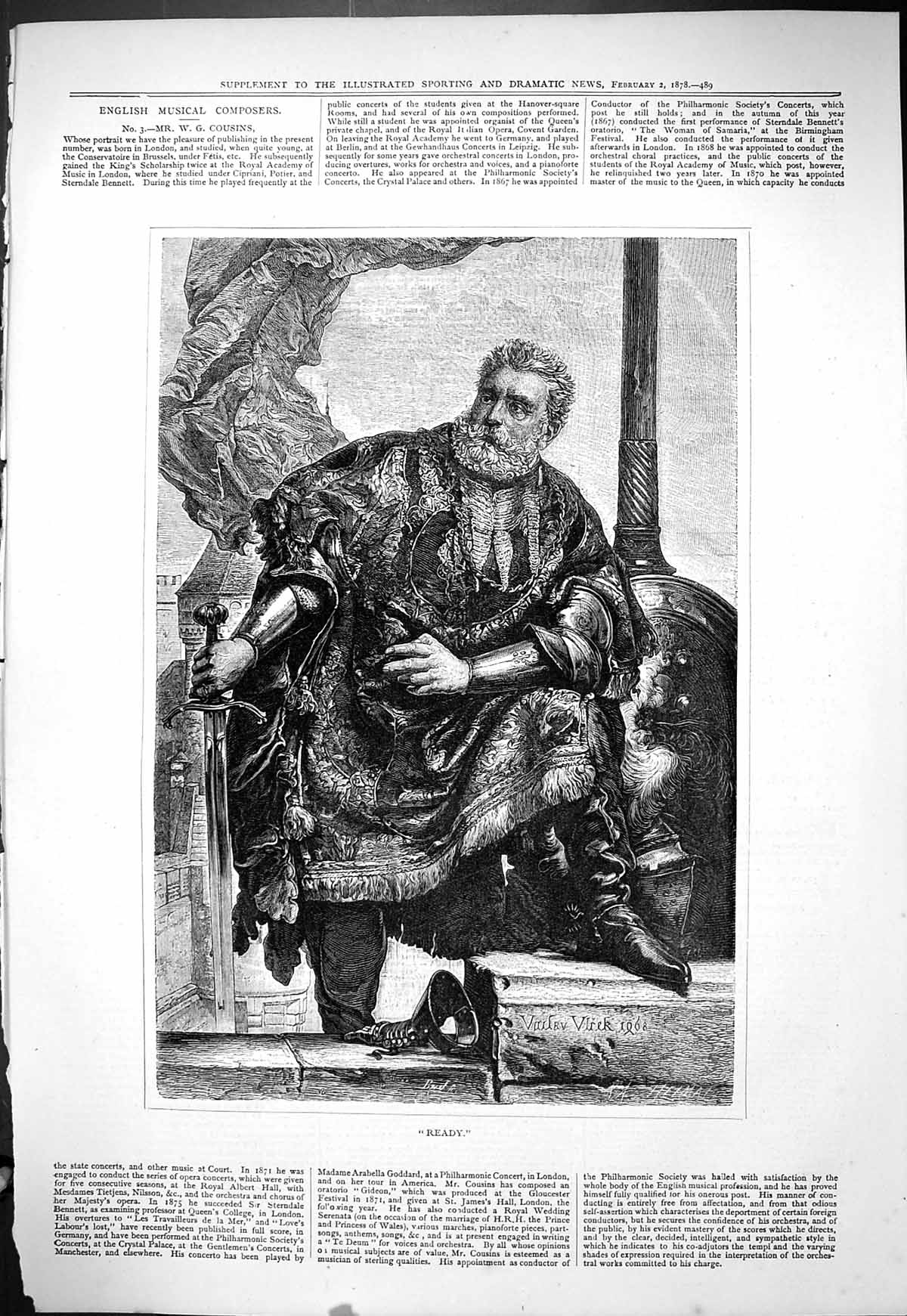 Original Old Antique Print 1878 Portrait Ready Man War Uniform Weapons Sword