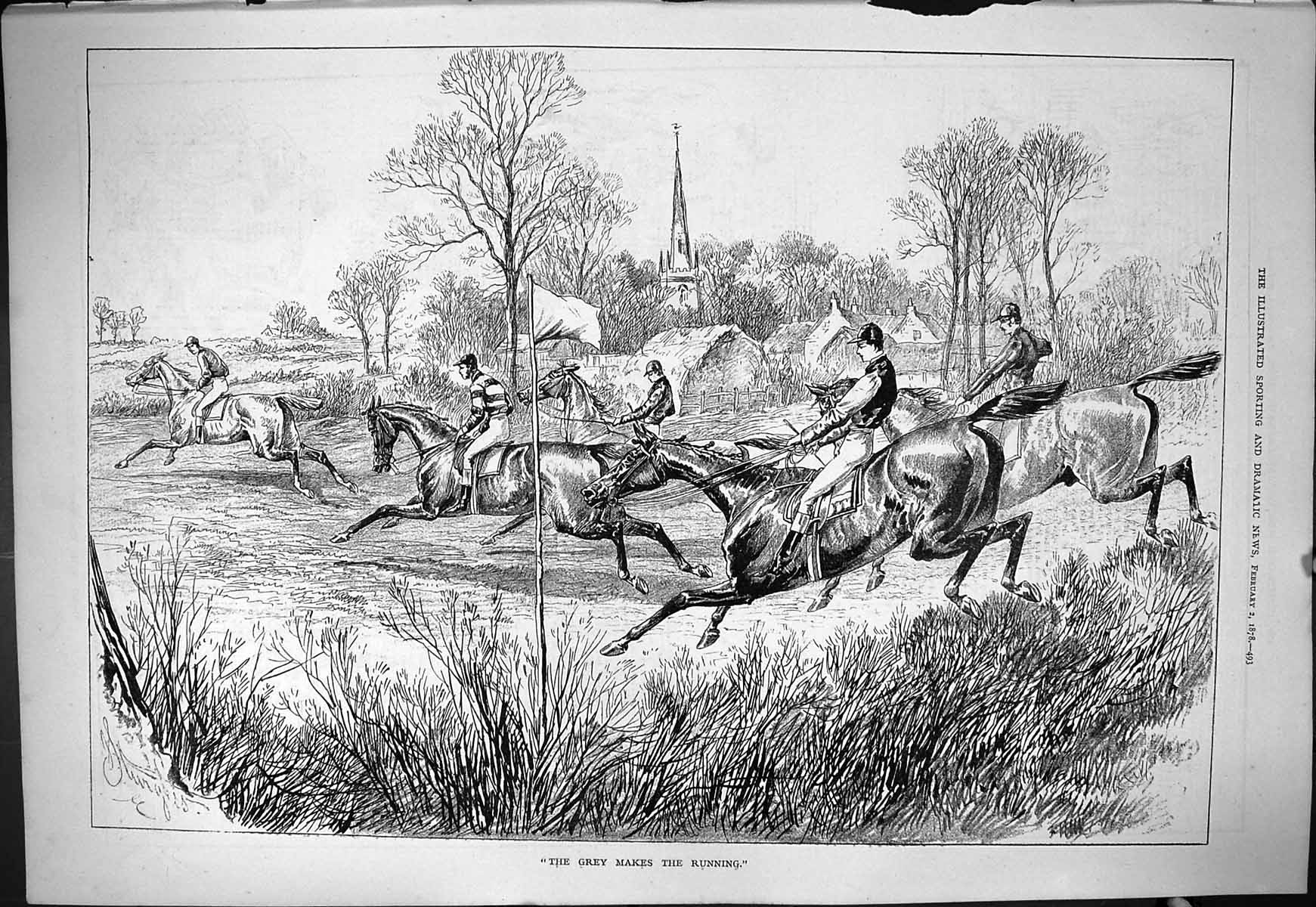 Old Antique Print 1878 Grey Makes The Running Horses Racing Jockeys Sport 19th