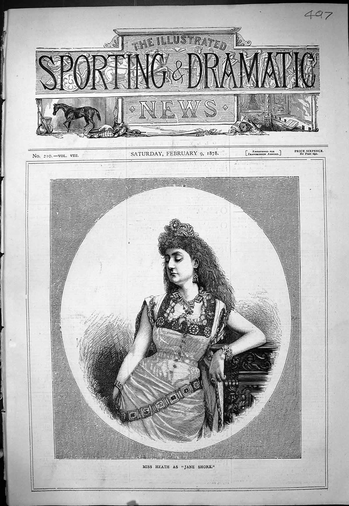 Antique Old Print 1878 Portrait Beautiful Woman Miss Heath Jane Shore Theatre