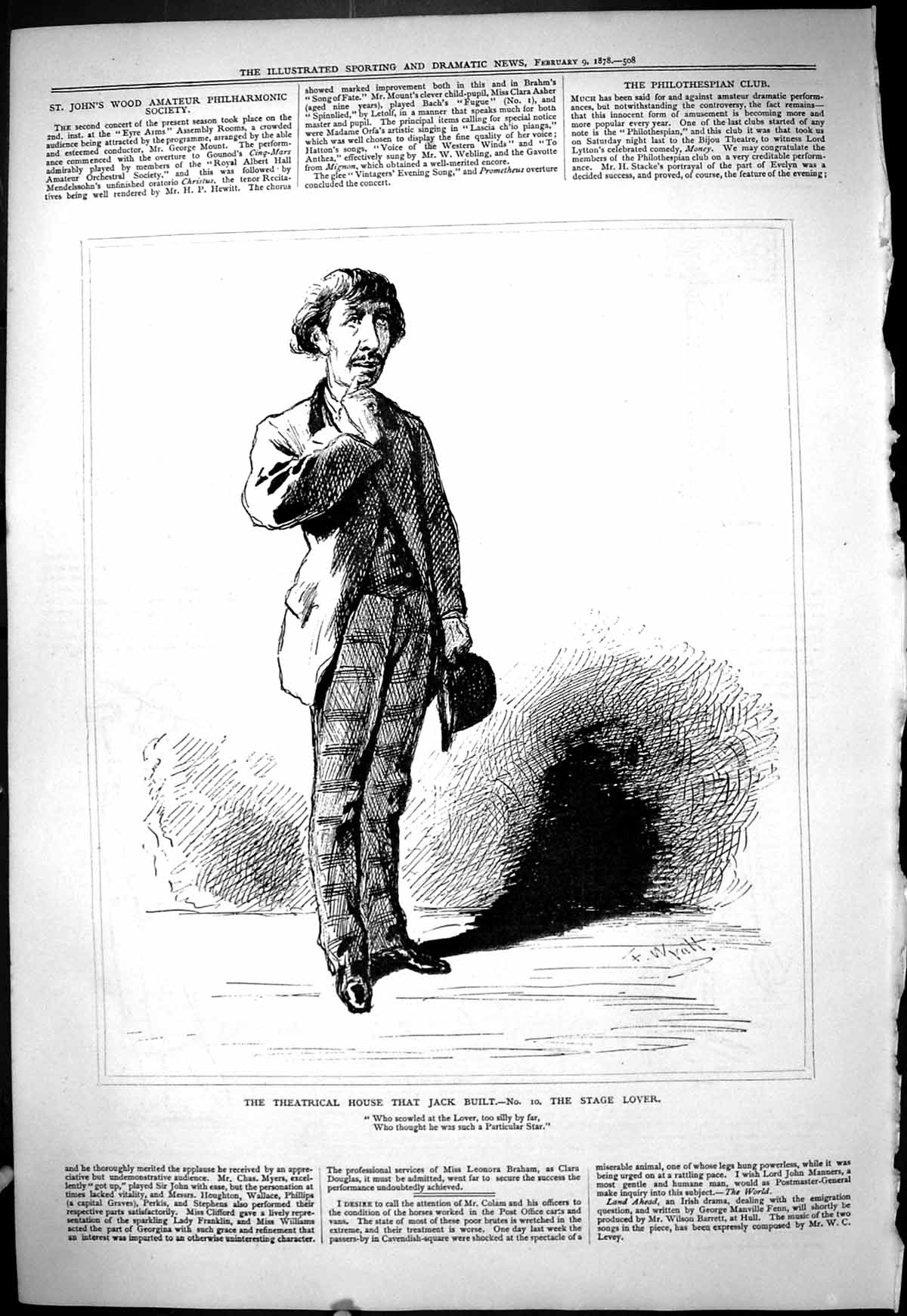Original Old Antique Print 1878 Theatrical House Jack Built Stage Lover Man