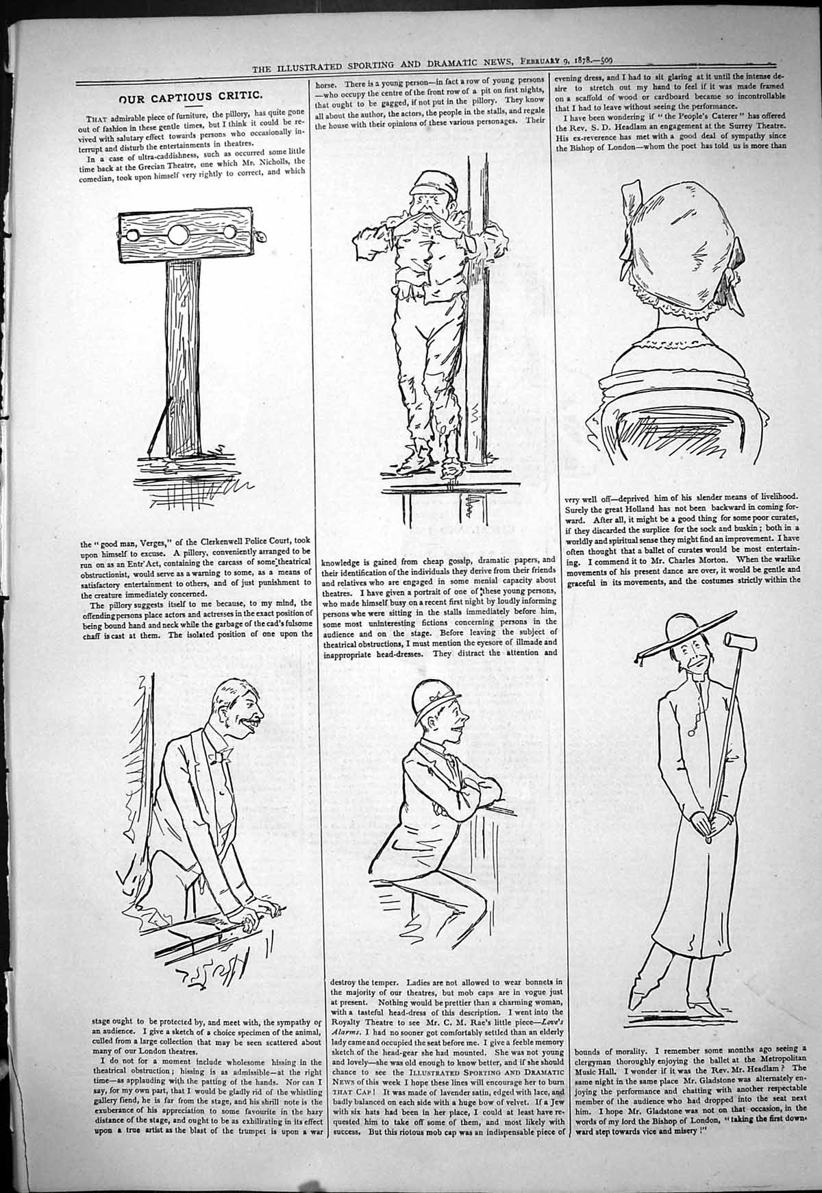 Original Old Antique Print 1878 Theatre Captious Critic Spectators Audience