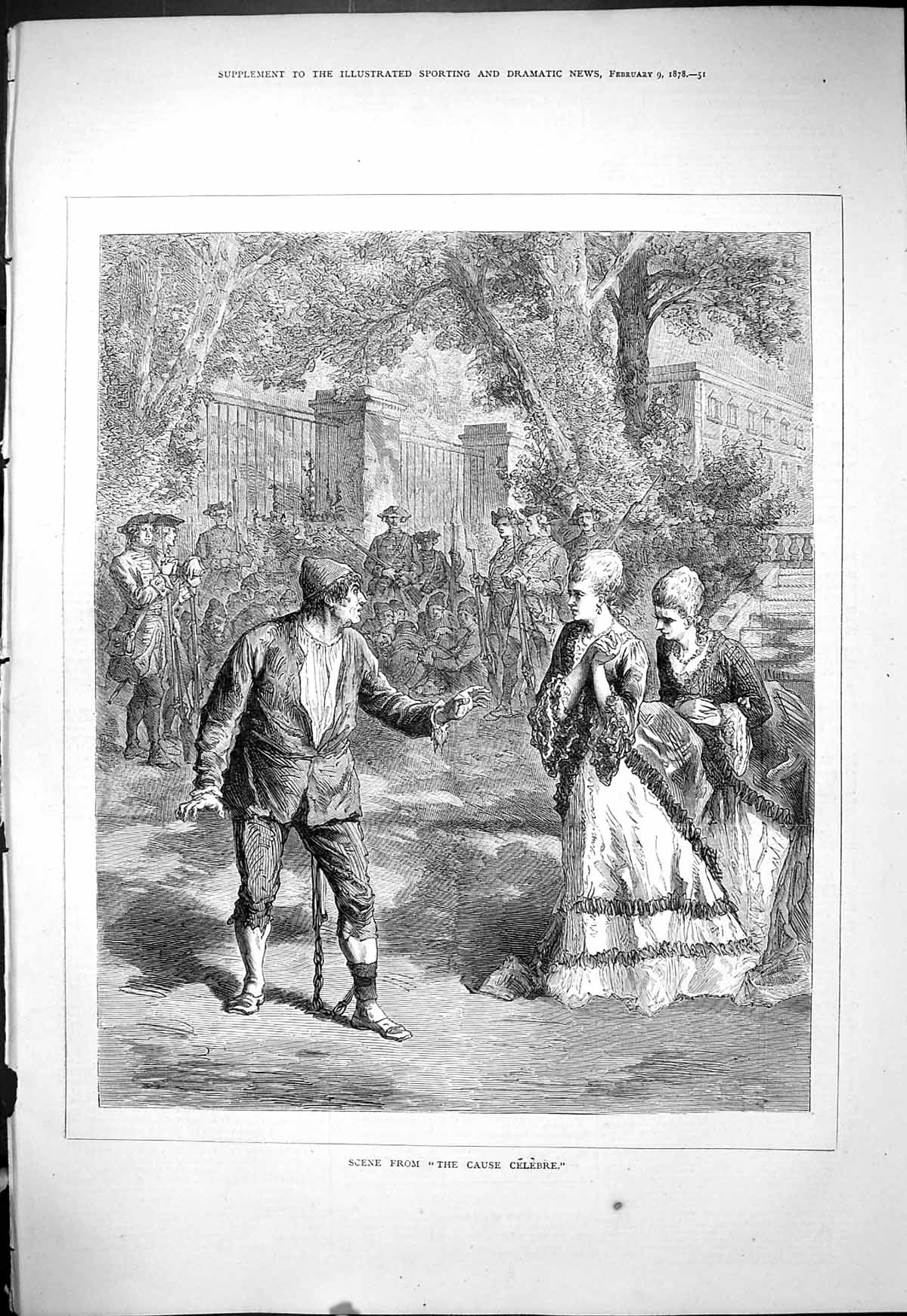 Original Old Antique Print 1878 Scene Cause Celebre Theatre Actors Victorian