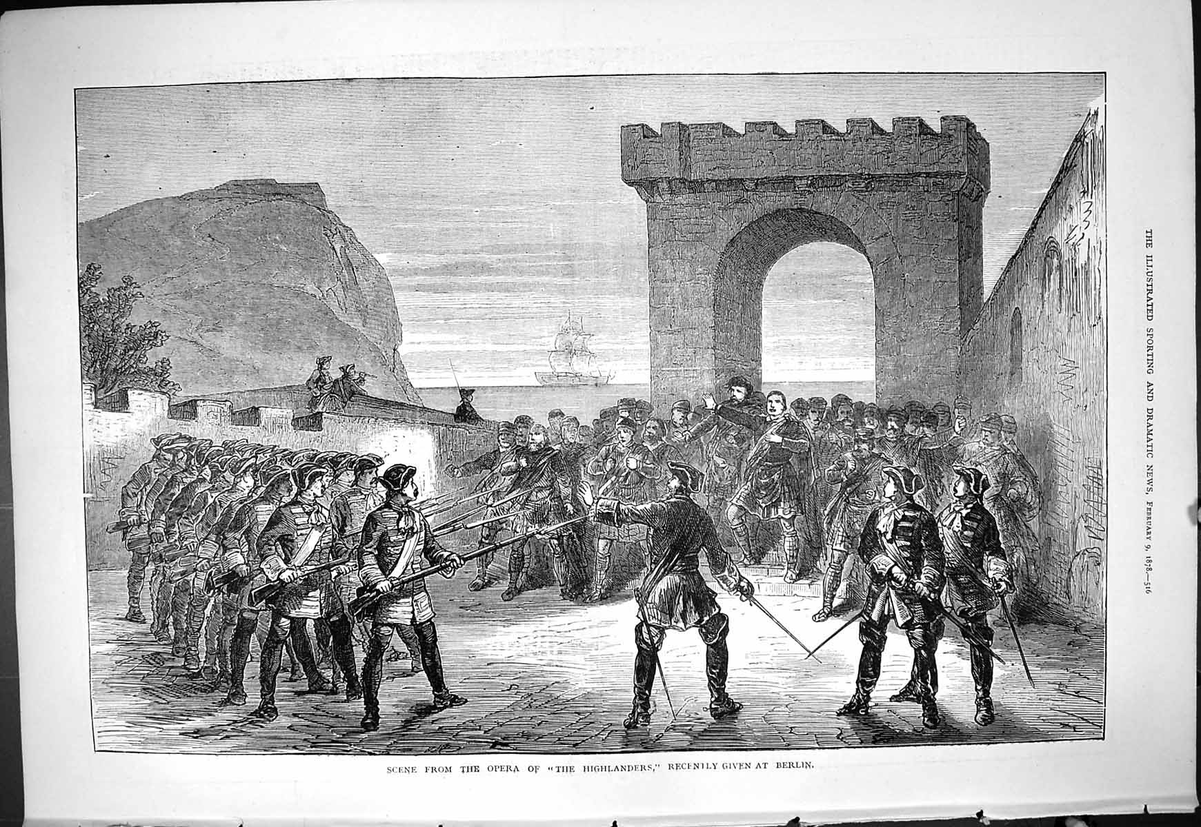 Original Old Antique Print 1878 Scene Opera Highlanders Berlin Germany Theatre