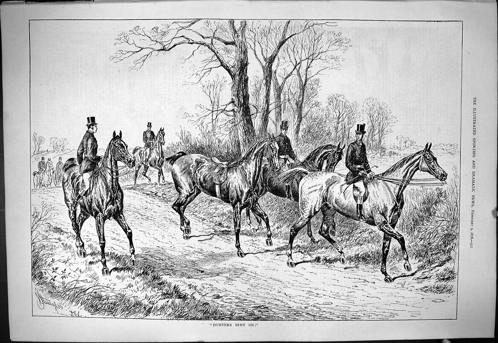 Original Old Antique Print 1878 Hunters Set Off Horses Hunting Sport Huntsmen
