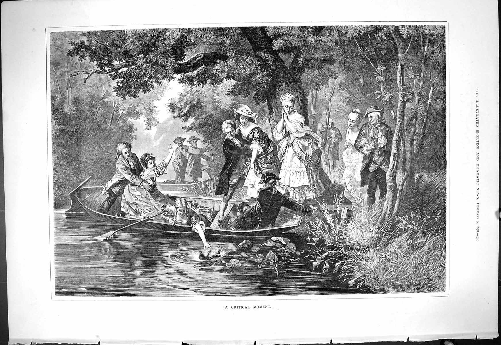 Antique Old Print 1878 Critical Moment Ladies Climing River Boat Fallen Dog