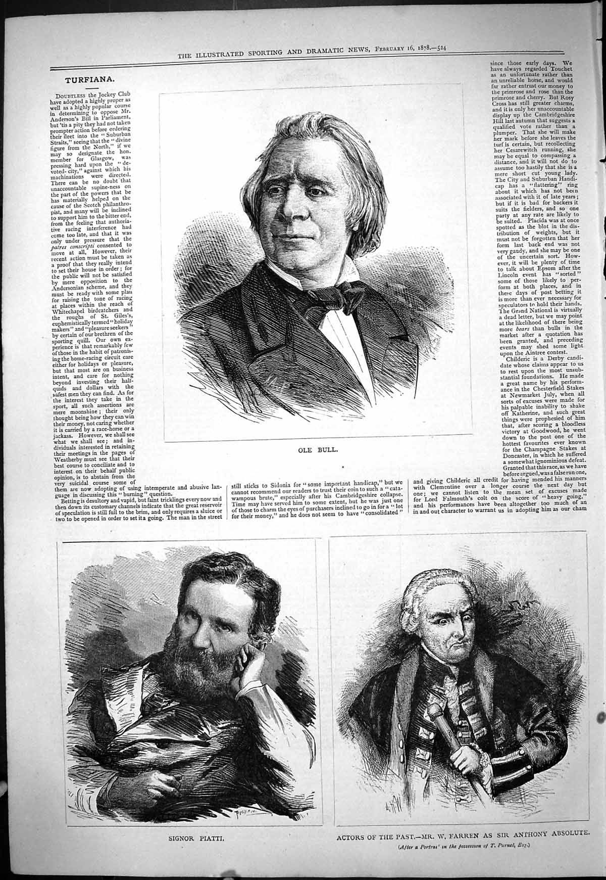 Antique Old Print 1878 Ole Bull Signor Piatti Farren Anthony Absolute Theatre