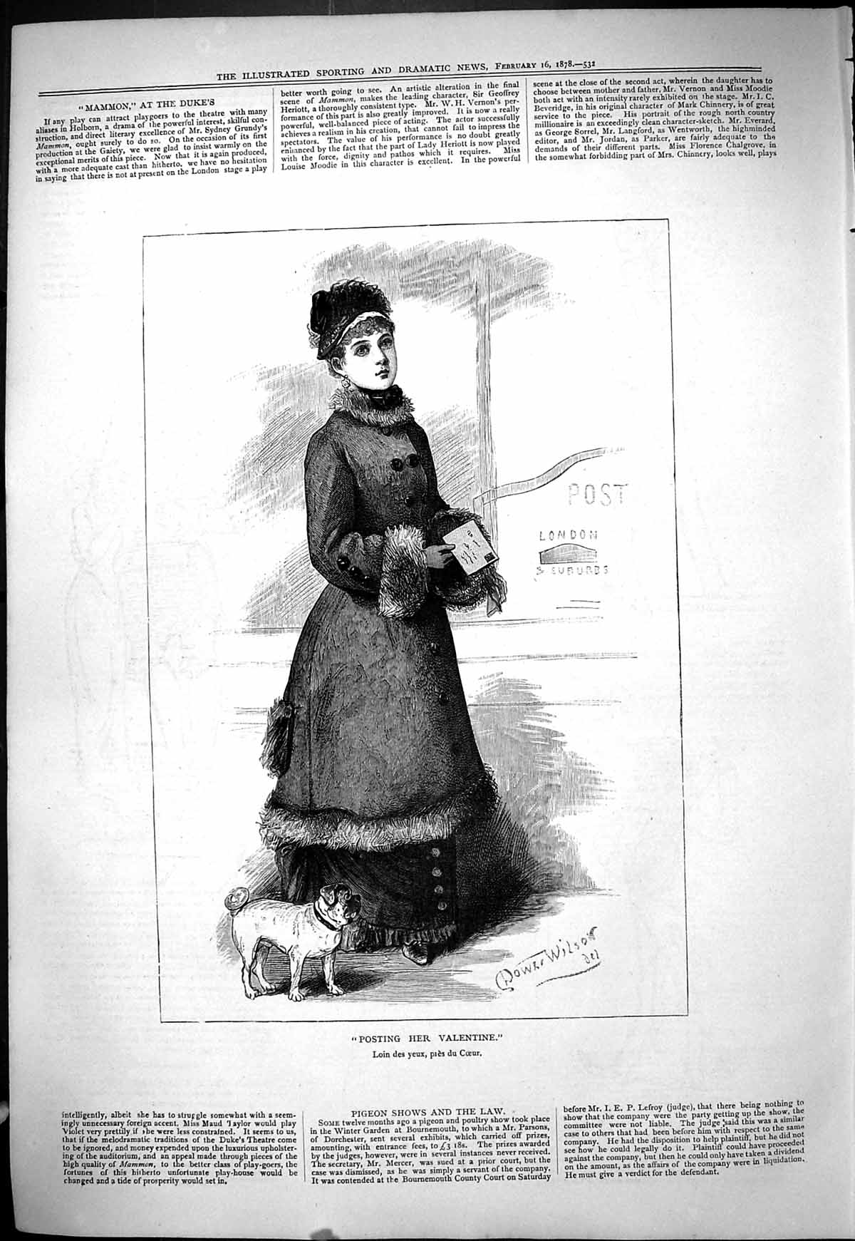 Antique Old Print 1878 Beautiful Woman Posting Valentine Card Pet Dog Wilson