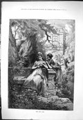 Original Old Antique Print 1878 Love Test Beautiful Woman Flowers Garden Scene