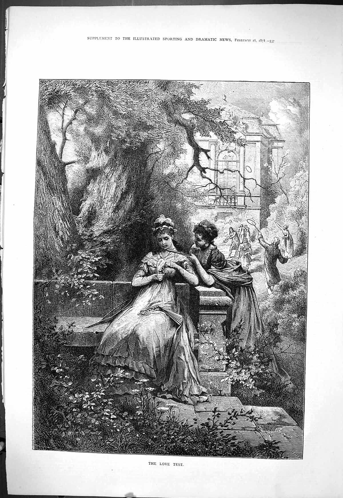 Original Old Antique Print 1878 Love Test Beautiful Woman Flowers Garden Scene