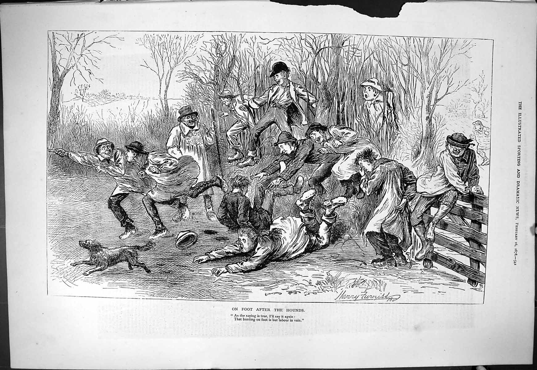 Old Antique Print 1878 On Foot After The Hounds Hunting Men Sport Comedy 19th